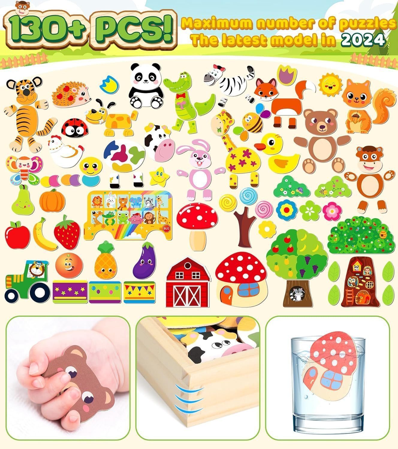 POPOLIC Rahmenpuzzle 2024 Neues Doppelseitiges Magnetisches Holzpuzzle, Puzzleteile, Montessori Frühes Bildungsspielzeug, Perfektes Familiengeschenk