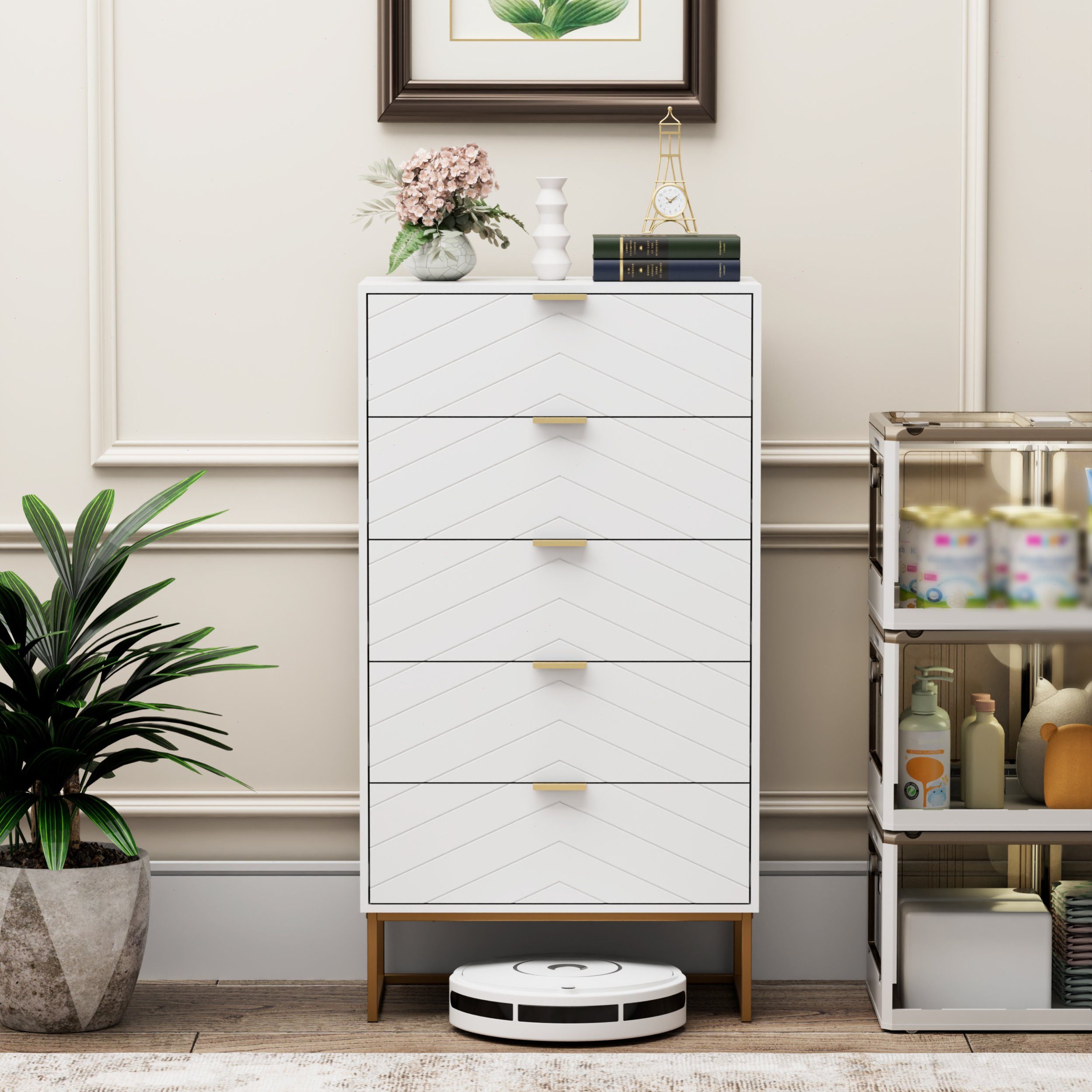 UEV Kommode mit 5 Schublanden, Sideboard, Schubladenschrank, Schmal kommode modern (60x34x110cm, Schrank für Wohnzimmer Schlafzimmer Flur Büro), mit Kippschutz Aufbewahrungskommode, Mehrzweckschrank aus Holz