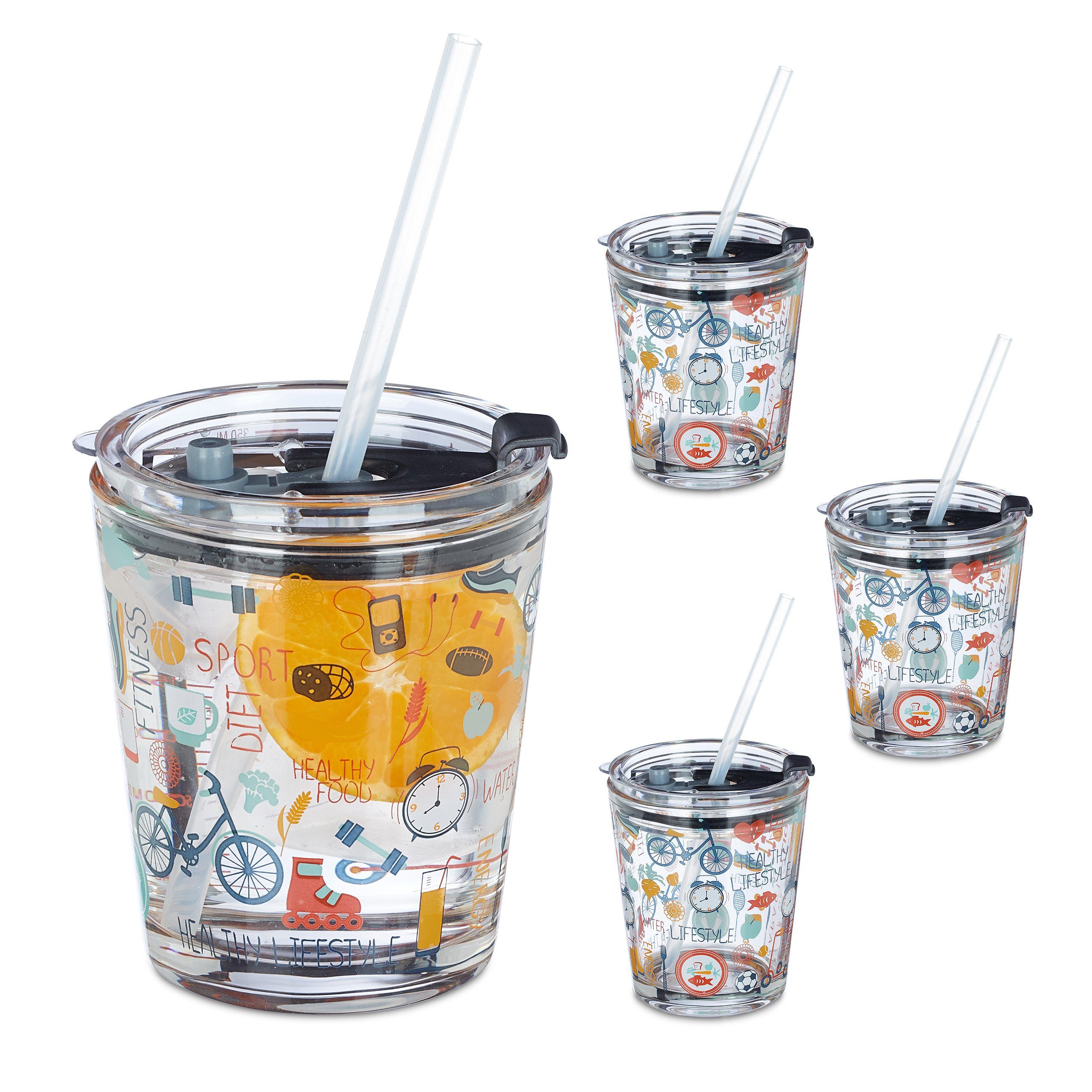 relaxdays Gläser-Set 4er Set Glasbecher Sport-Motiv, 4-tlg., Glas