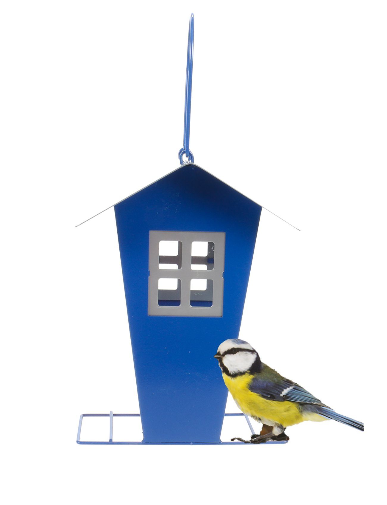 Metallschlaufe Futtersilo, von blau oder Vogelhaus Vogelhaus zum Hängen, abnehmbares Stellen Dach mit Metall Befüllen Vogelfutter, Anflugstreben Bubble-Store zum und