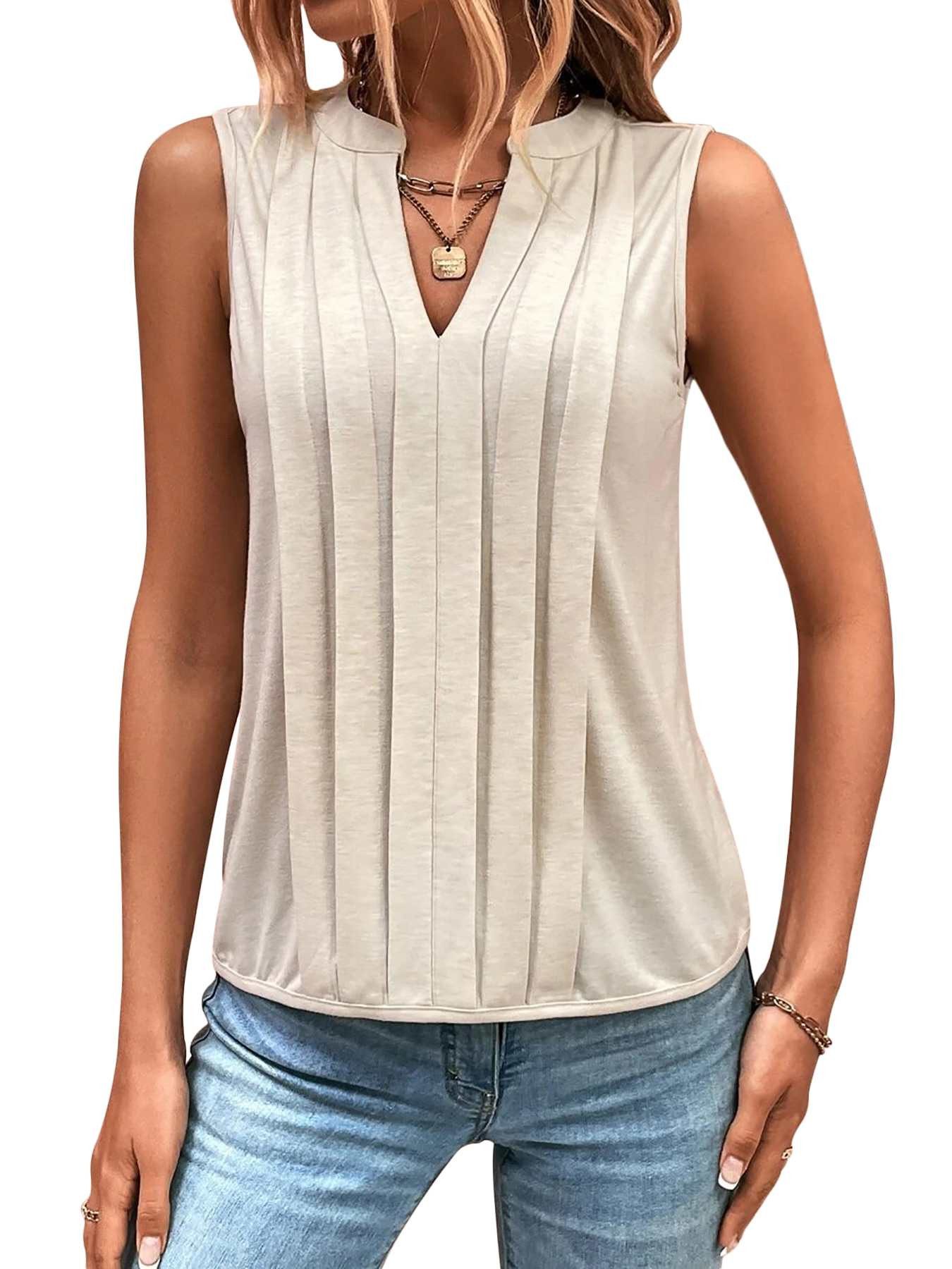 DEBAIJIA Kurzweste Damen Tank Top Plissee V-Ausschnitt Ärmellos T-Shirt Sommer Elegant
