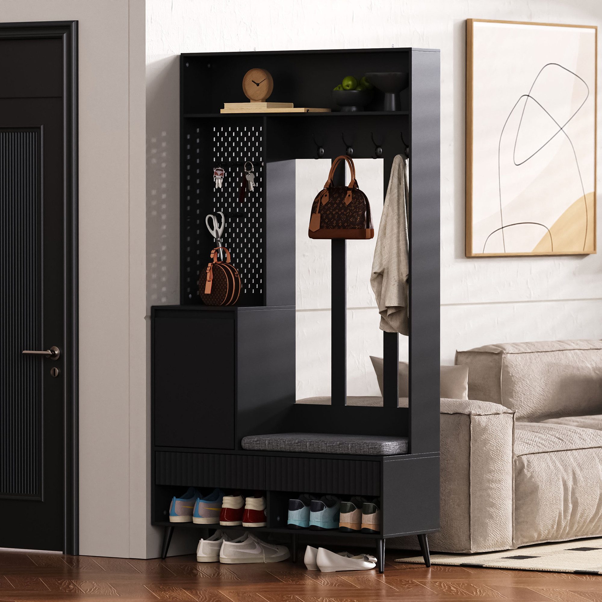 HAUSS SPOLE Garderoben-Set mit sitzbank,Flurgarderobe für kleine flure, mit Schubladen & 4 Haken, (Garderoben-Set mit Sitzbank, 4 Haken, 2 Schubladen & Tür, 100×35×180 cm – Multifunktionale Wandgarderobe., 1-St., mit 4 Kleiderhaken, zwei Schubladen und 1 Türen), mit 4 Kleiderhaken, zwei Schubladen und 1 Türen
