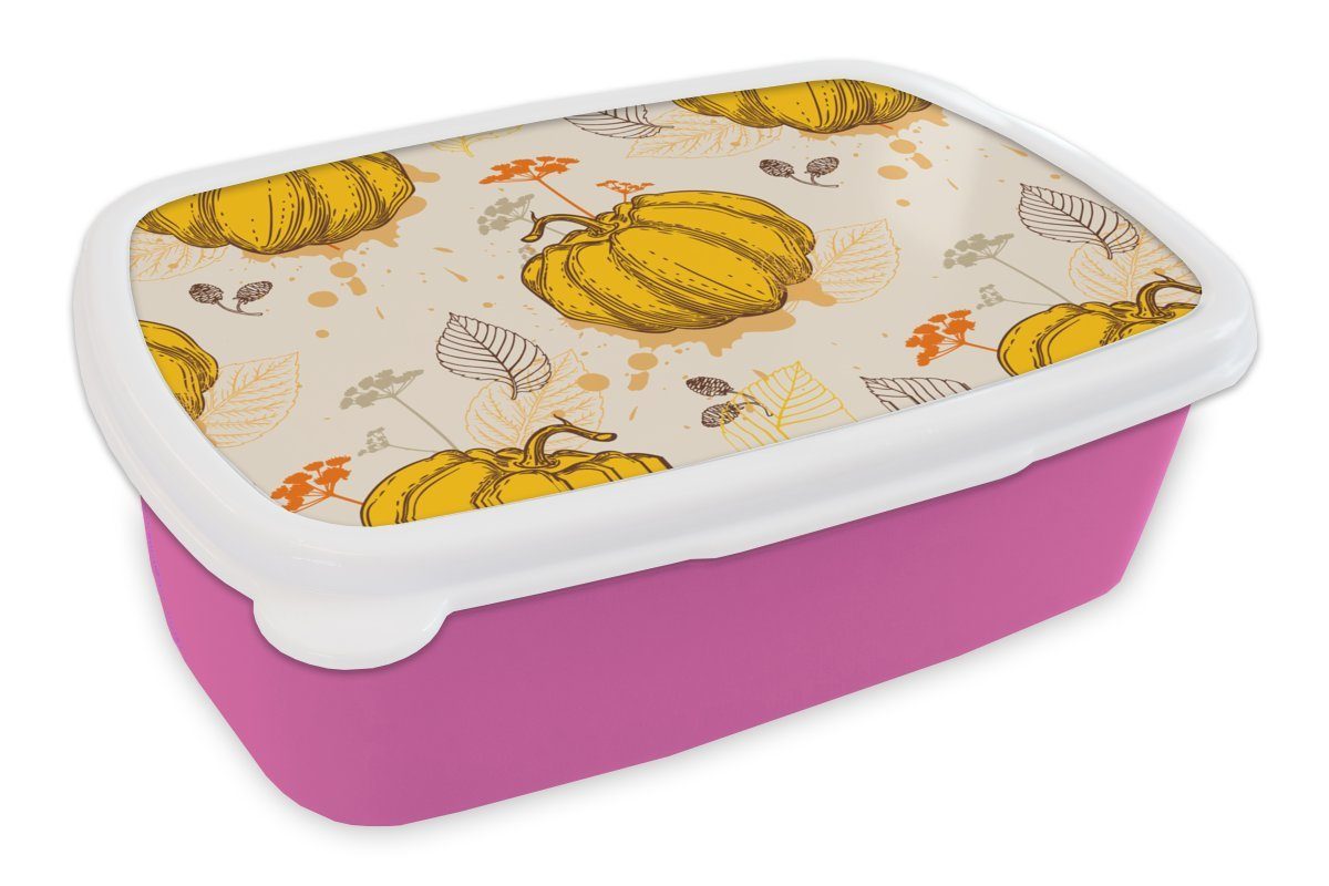 MuchoWow Lunchbox Kürbis - Herbst - Muster, Kunststoff, (2-tlg), Brotbox für Erwachsene, Brotdose Kinder, Snackbox, Mädchen, Kunststoff rosa