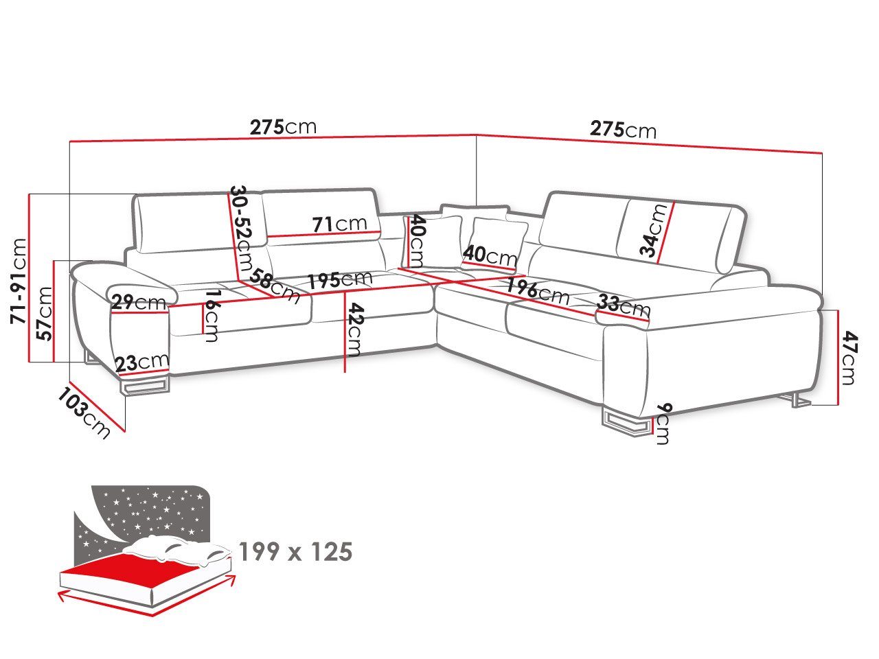 MIRJAN24 Ecksofa und Schlaffunktion Einstellbare L-Sofa Kopfstützen Cotere mit Bettkasten, Symmetrisch mit 2E2