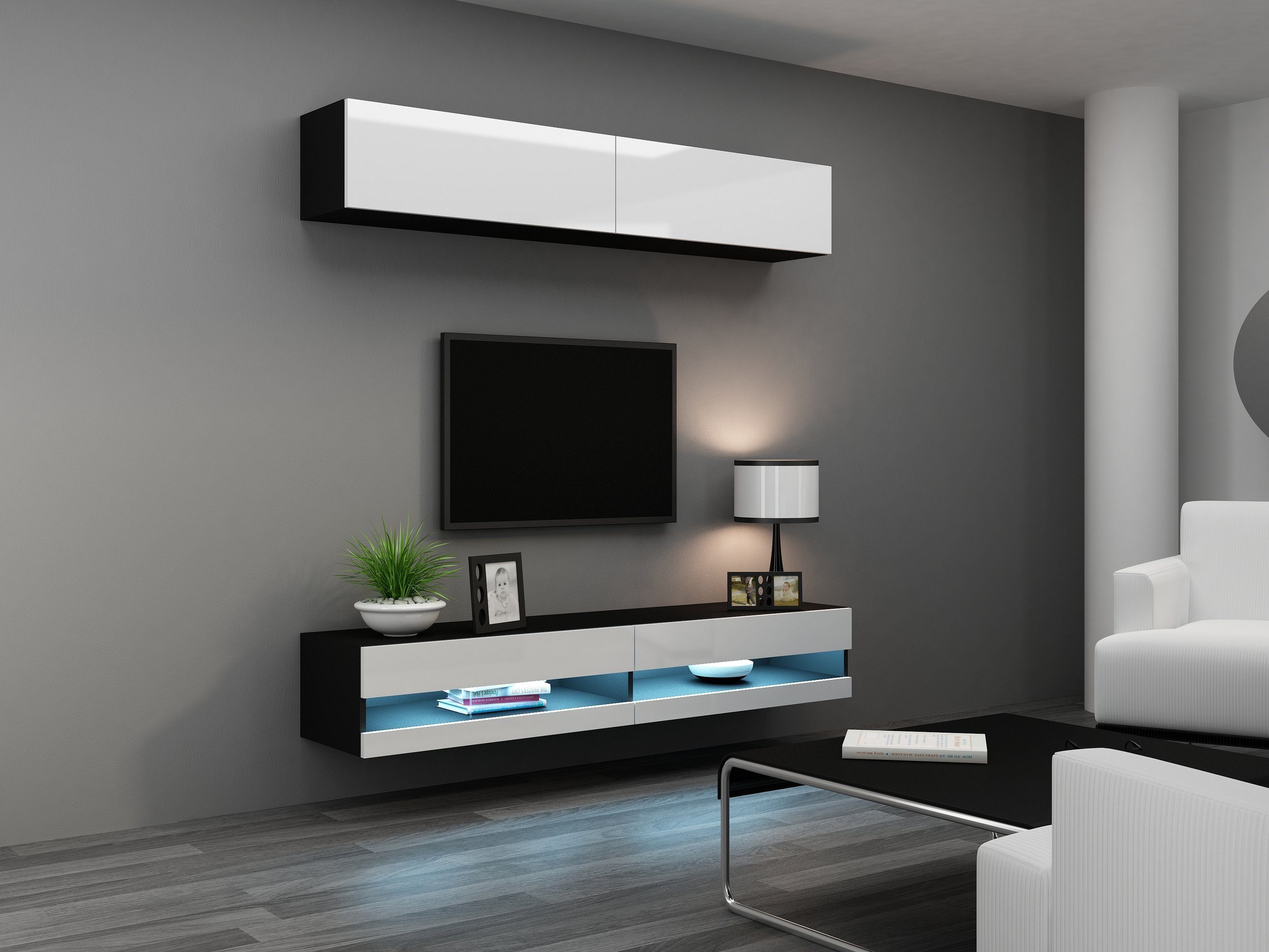 Stylefy Wohnwand Vago N X, (Set (3-St), Wohnmöbel, Wohnzimmer-Set), bestehend aus 1xLowboard und 2xHängeschrank, Hochglanzfronten, mit Push-to-Open, inkl. LED-Beleuchtung Schwarz/Weiß
