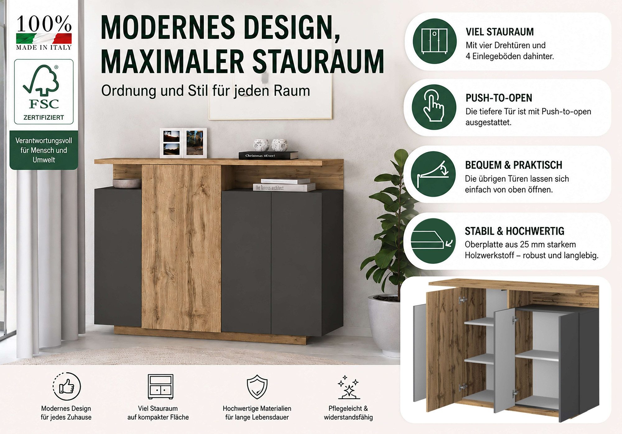 OTTO home Highboard Highboard ETHOS, Kommode, Schrank, Kredenz (1 St), Mit 4 Drehtüren, 9 Innenfächern und 2 Außenfächern, B.130 cm