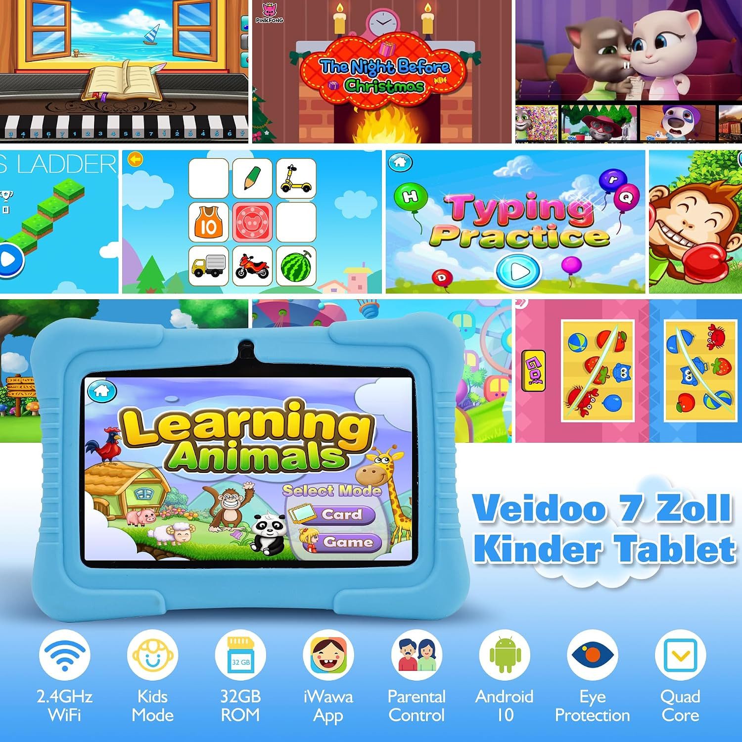 Veidoo Lerntablet V88 7 Zoll Android 2 GB RAM 32 GB IPS WLAN Bluetooth GPS Micro-SD 64GB, (Set, 5-tlg), iWawa Kinderschutz 1024x600 Quad-Core Videoanruf Silikon – Bild 3 von 5