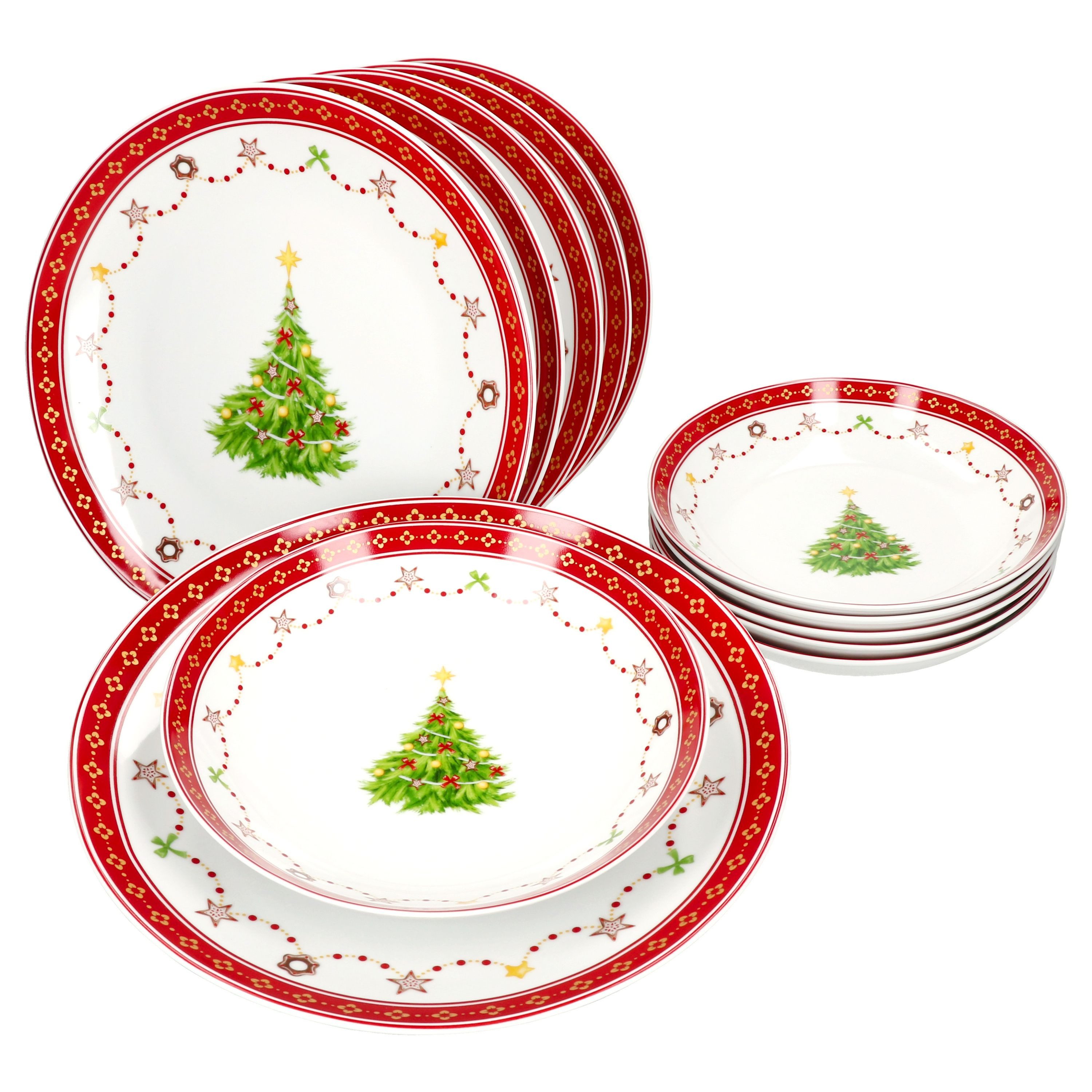 MamboCat Tafelservice 12tlg Tafelservice Weihnachtstraum 6 Personen Essteller Suppenteller, Porzellan, Weihnachtsgeschirr, Advent, Weihnachtsset, Geschirr