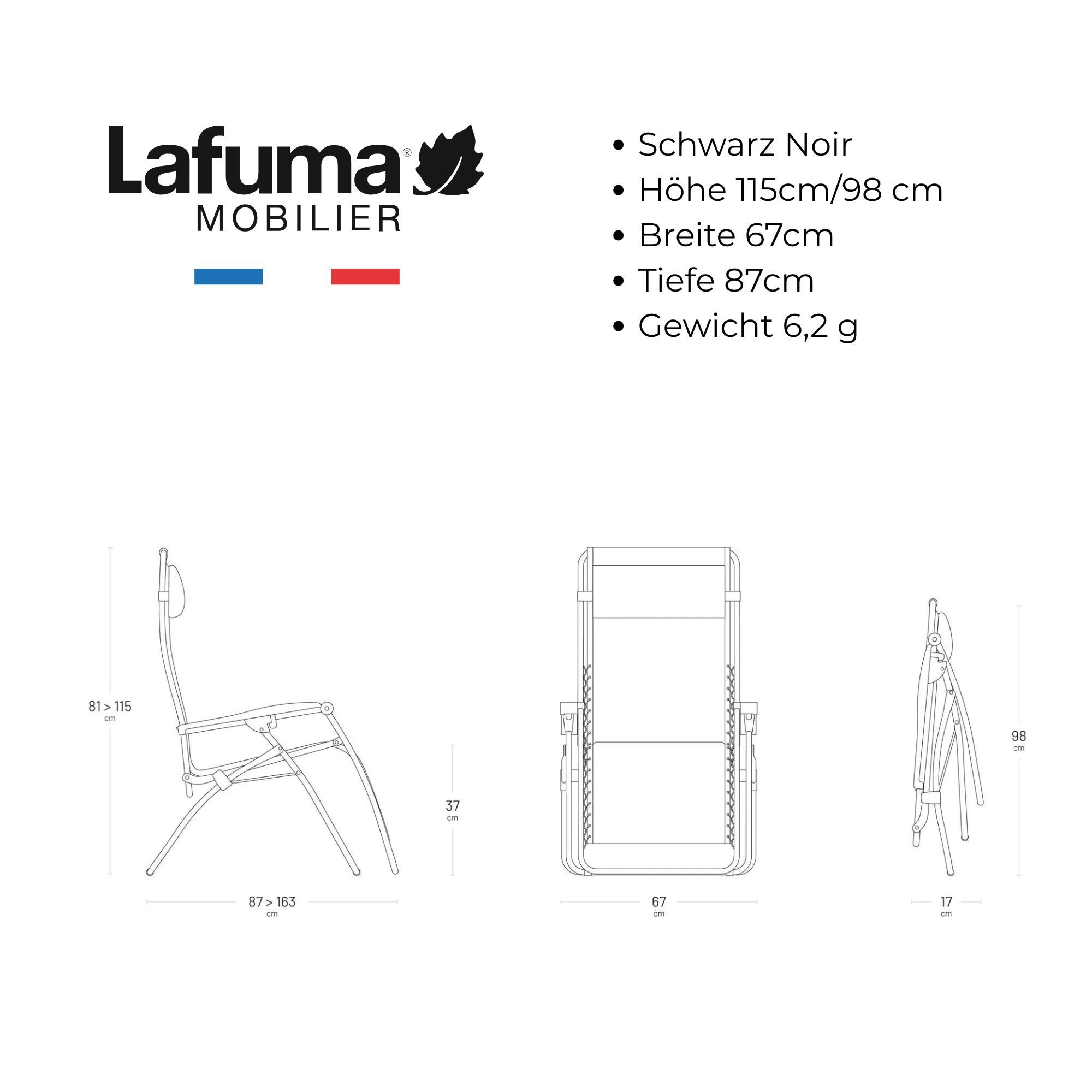 Lafuma Relaxsessel Lafuma Relax Gestell RSX Clip Ersatzgestell Stahl Schwarz Noir