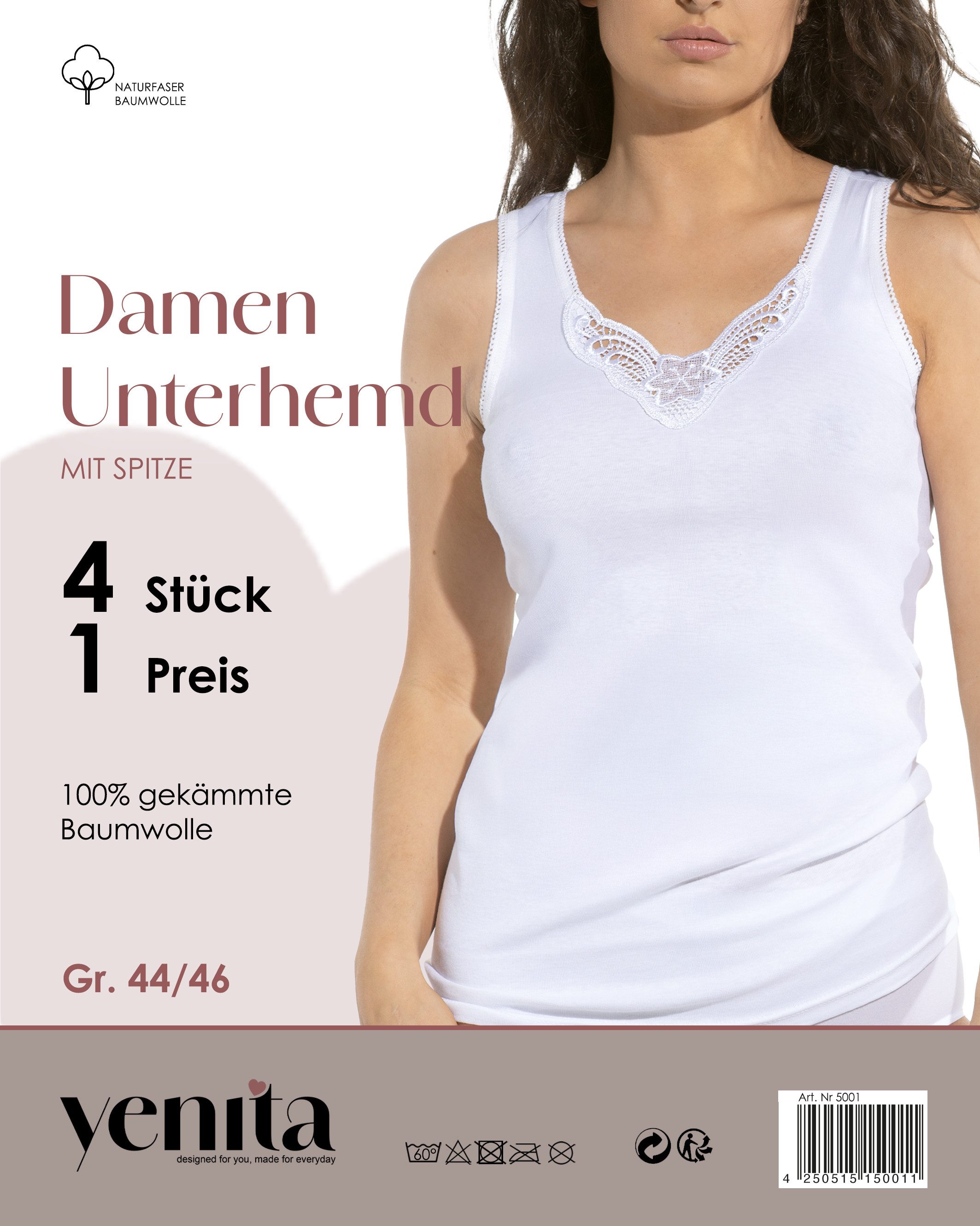 Yenita® Unterhemd Tank Top, Achselhemd (4-St) mit Spitze aus 100% Baumwolle