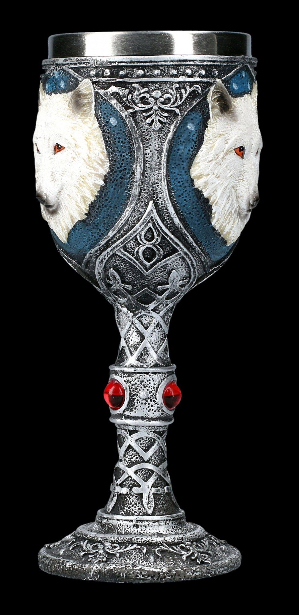 Figuren Shop GmbH Becher Fantasy Kelch - Weißer Wolf mit roten Schmucksteinen - Dekoration, Kunststein (Polyresin), Edelstahl