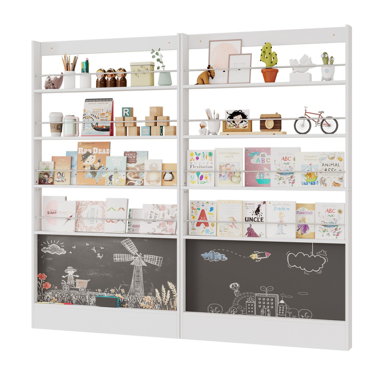 Flieks Bücherregal Kinderregal mit 4 Ablagen und bemalbares Schwarzbord, Spielzeugregal für Kinderzimmer, Spielzimmer 2-tlg., 2er Set Kinderbücherregal Spielzeugtruhe Wandregal, 100x10x180 cm
