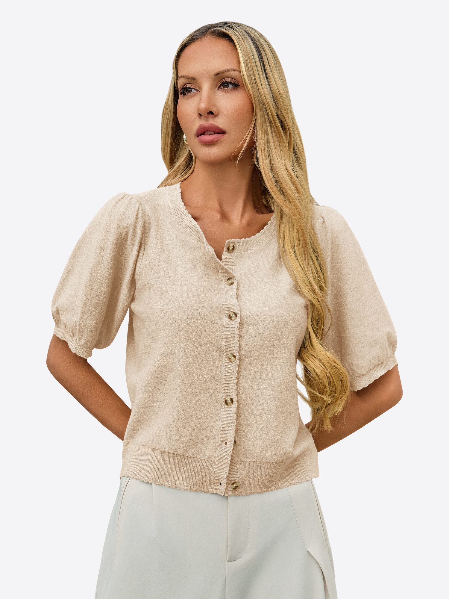 Imily Bela Sweatshirt Damen Puffärmel Strickjacke (Packung, 1-tlg., 1per-Pack) mit Rundhalsausschnitt