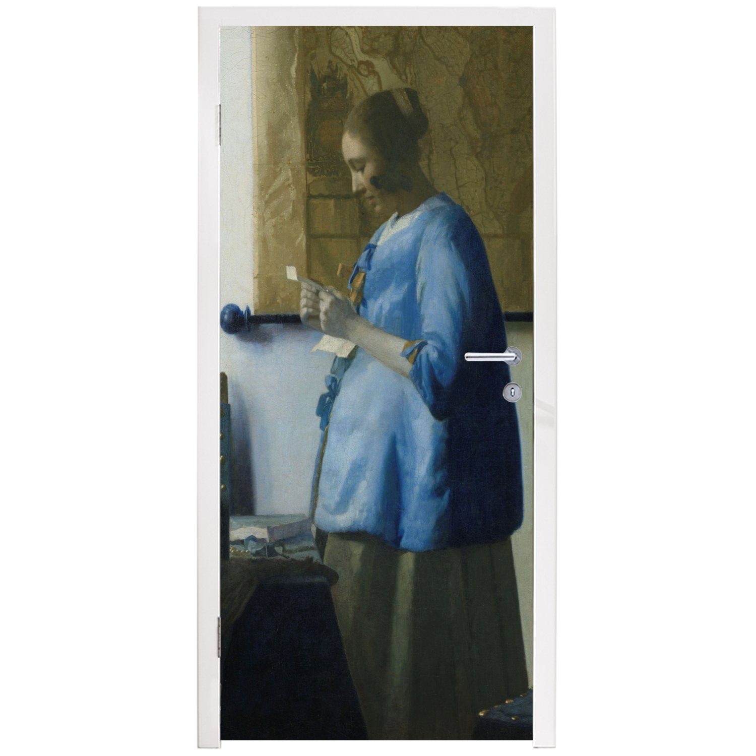 MuchoWow Türtapete Frau in Blau cm Tür, Türaufkleber, 75x205 für von (1 Fototapete Gemälde Brief St), Matt, bedruckt, - Johannes Vermeer, liest einen