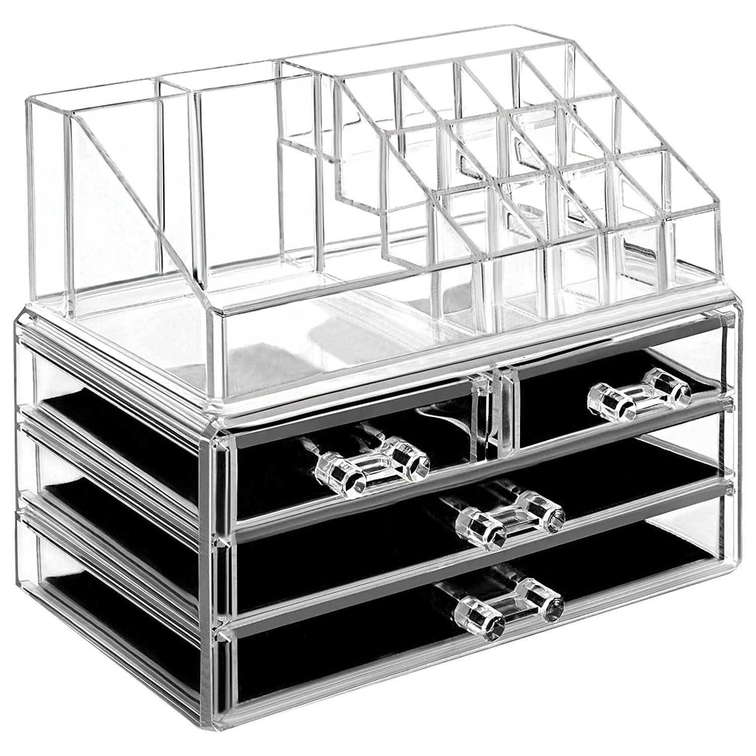 HEYHIPPO Make-Up Organizer Acryl Kosmetik Organizer mit 4 Schubladen, transparent,flexibel,modern, Elegante Aufbewahrungsbox für Kosmetik und Schmuck, 24L x 13B x 19H cm, Praktische Präsentationsbox für Schreibtisch, 4 abnehmbare Ebenen