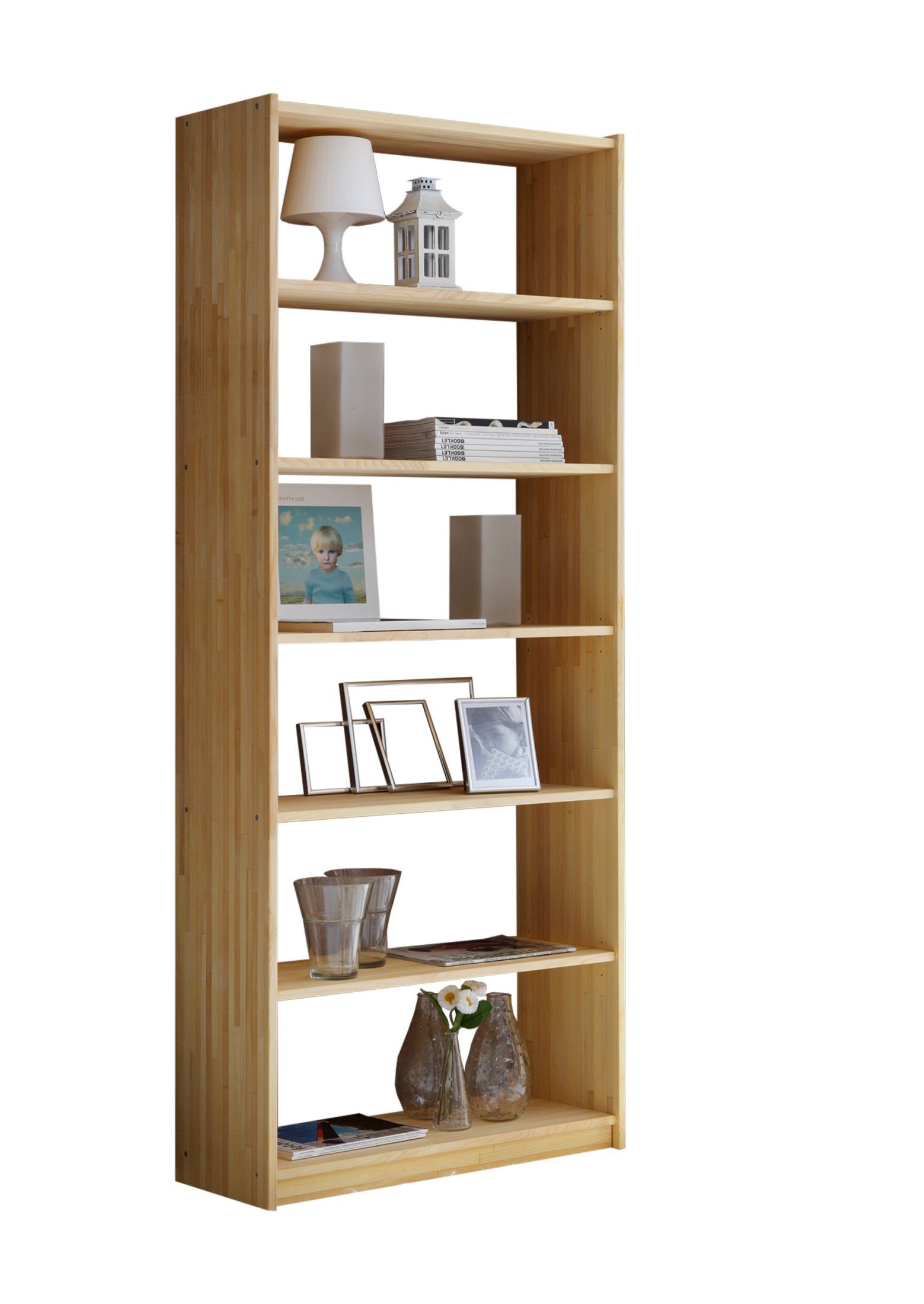 Ticaa Standregal Standregal Bücherregal Kiefer Natur H214 cm, Massives Qualitätsholz (18mm Stärke), hochwertige Verarbeitung