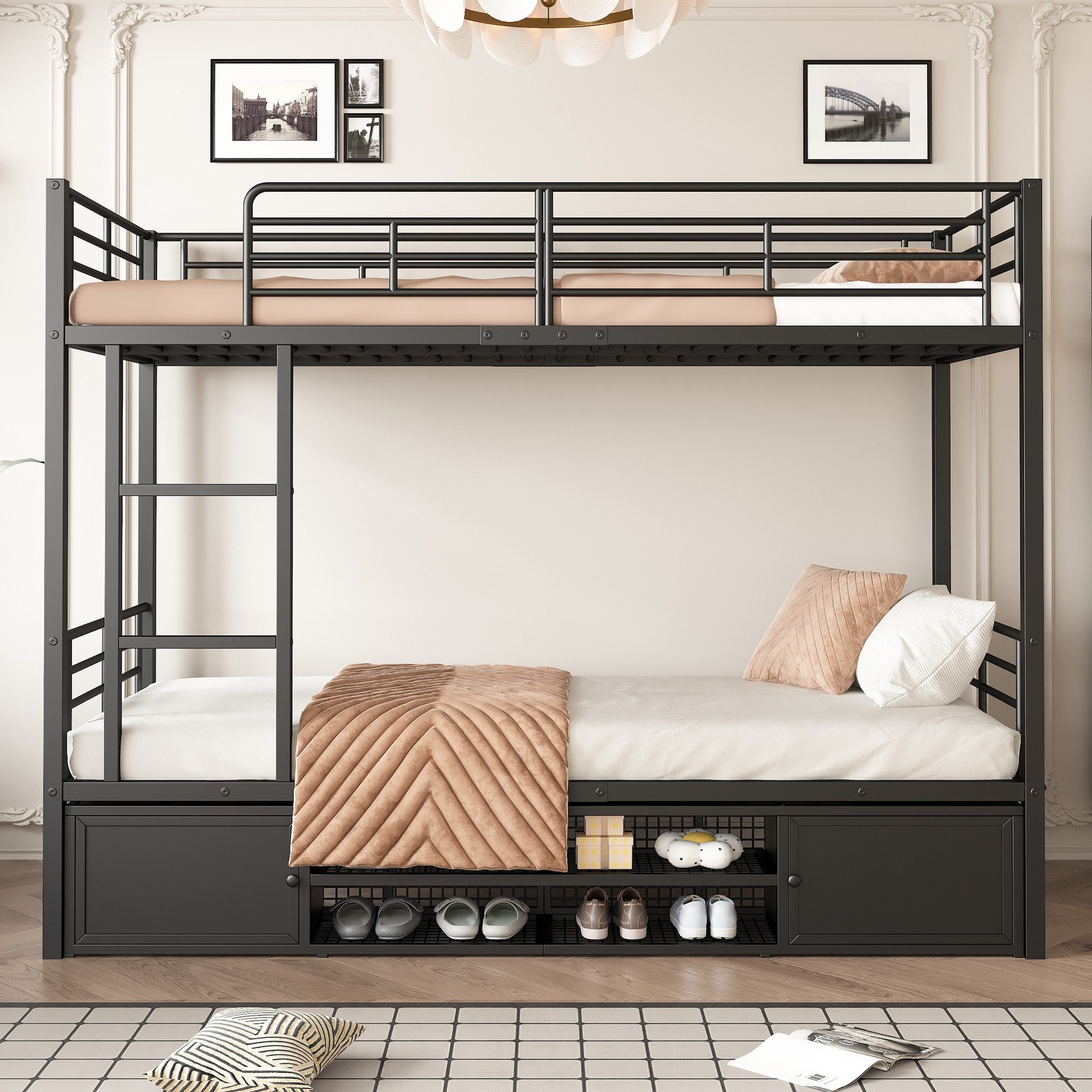 Flieks Etagenbett, Kinderbett Metallbett 90x200cm mit Schuhregal, Lagerschr günstig online kaufen