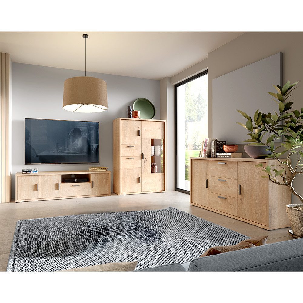 Lomadox Wohnzimmer-Set GENOVA-161, (Mega-Spar-Set, 3-St., Lowboard Highboard Sideboard), Wohnwand in Eiche mit viel Stauraum & Softclose-Funktion