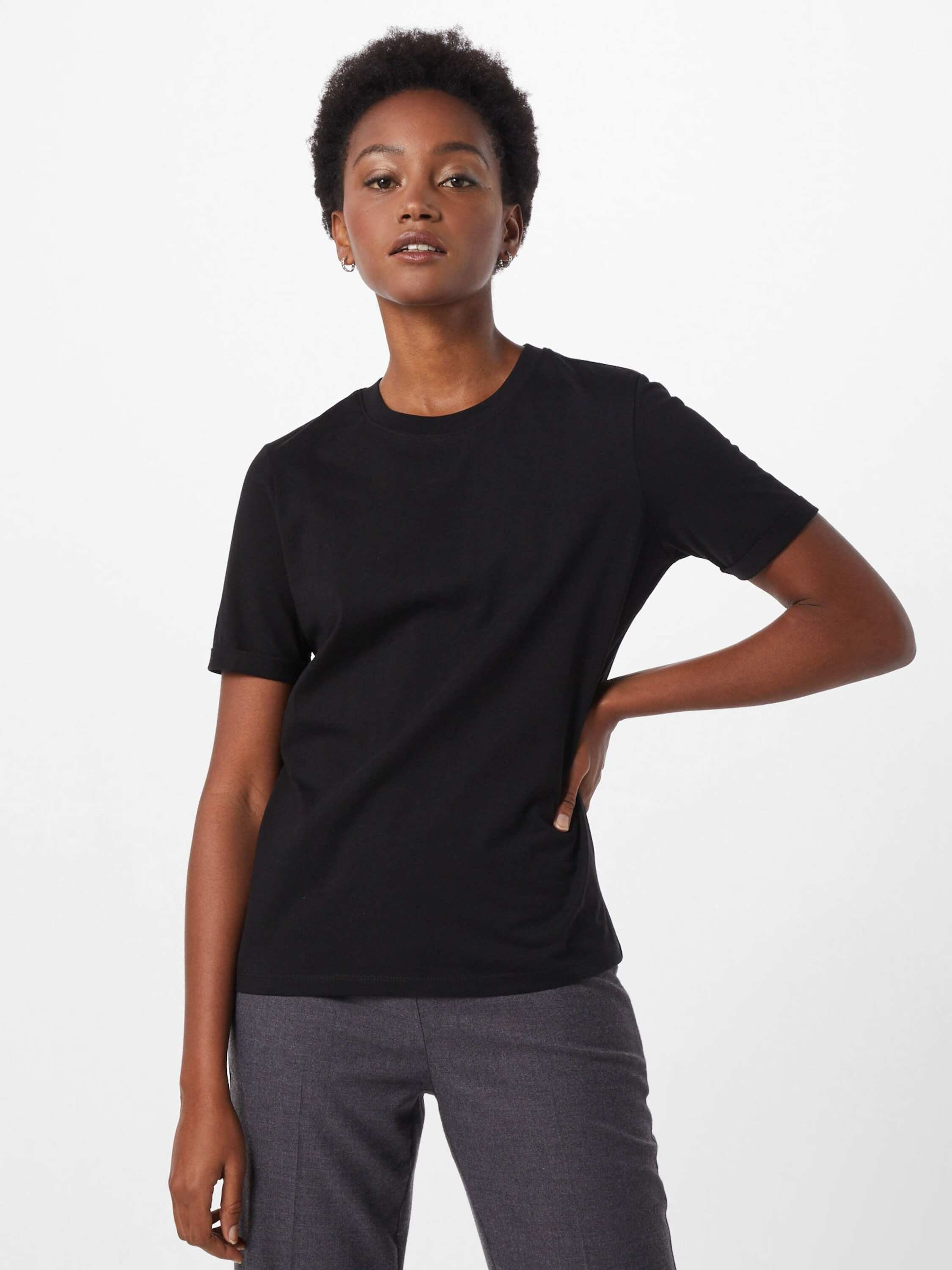 Pieces T-Shirt, Ärmel-Umschlag, reine Baumwolle, uni, schwarz
