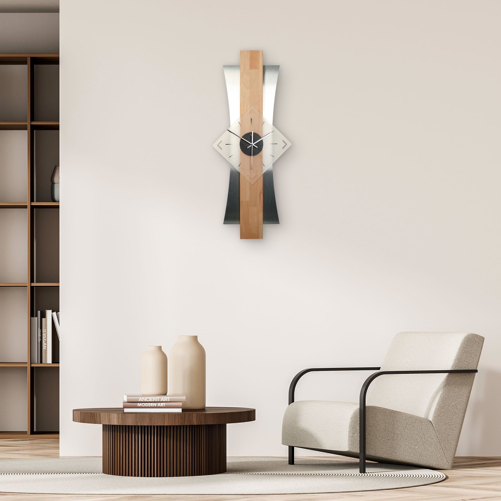 Kreative Feder Wanduhr Designer-WANDUHR aus hochwertigem Massivholz mit Metallic-Look (ohne Ticken; Funk- oder Quarzuhrwerk; elegant, außergewöhnlich, modern)