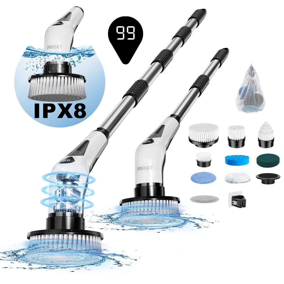 PRASKY Reinigungsbürsten-Set Elektrische Reinigungsbürste mit 9 austauschbaren Bürstenköpfen, Fliesen, Laminatböden, Fenster, Autos, (Mehrere abnehmbare Teile, 9 austauschbare Bürstenköpfe), 30–130 cm Verlängerungsstange