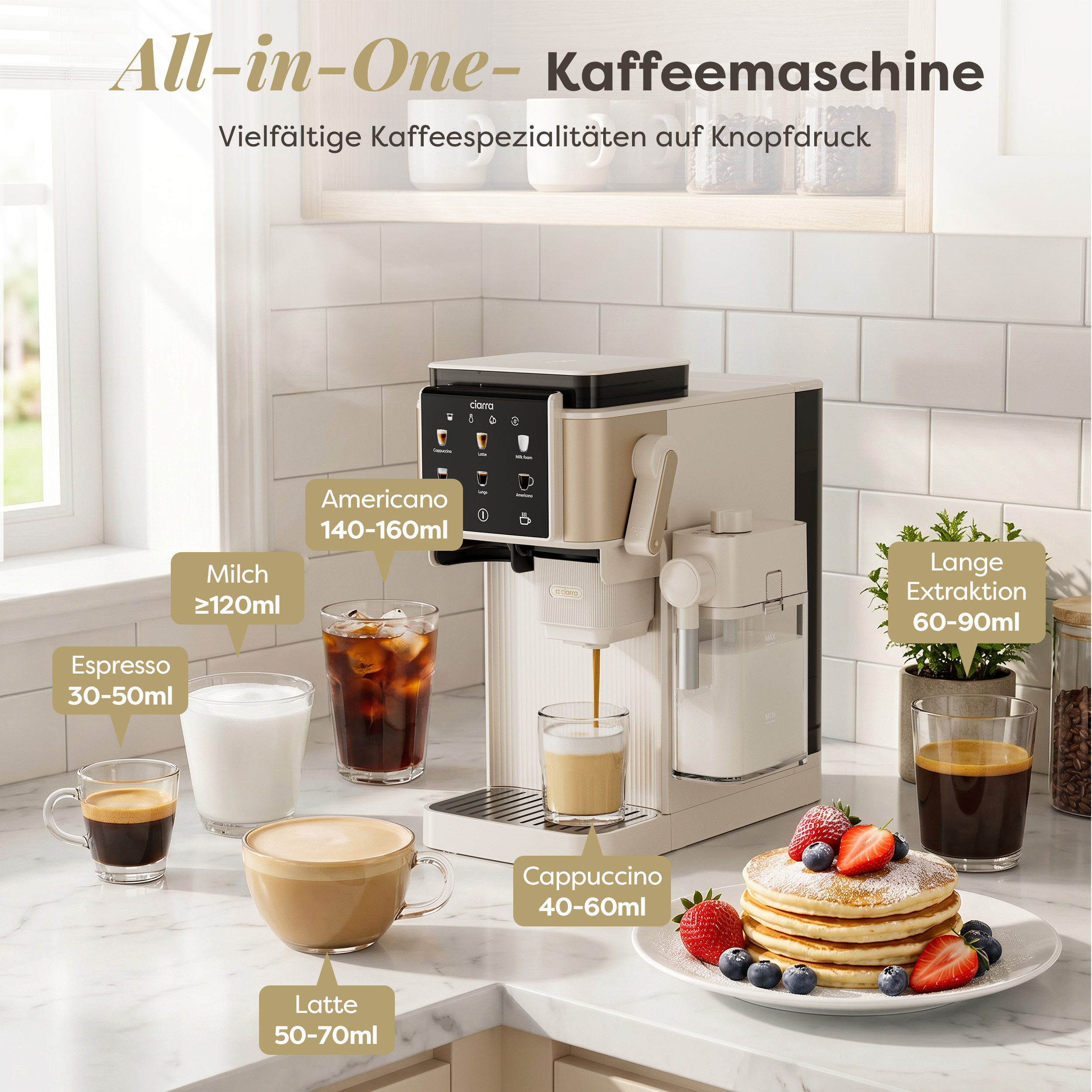 CIARRA Kaffeemaschine mit Mahlwerk Bohnen, Espressomaschine mit Milchaufschäumer(300 ml), 6 Kaffeeoptionen auf Knopfdruck, 15 Bar Pumpendruck CBSACM-D6, Touch-Displays, Siebträgermaschine mit 6 Mahlstufen Latte Cappuccino