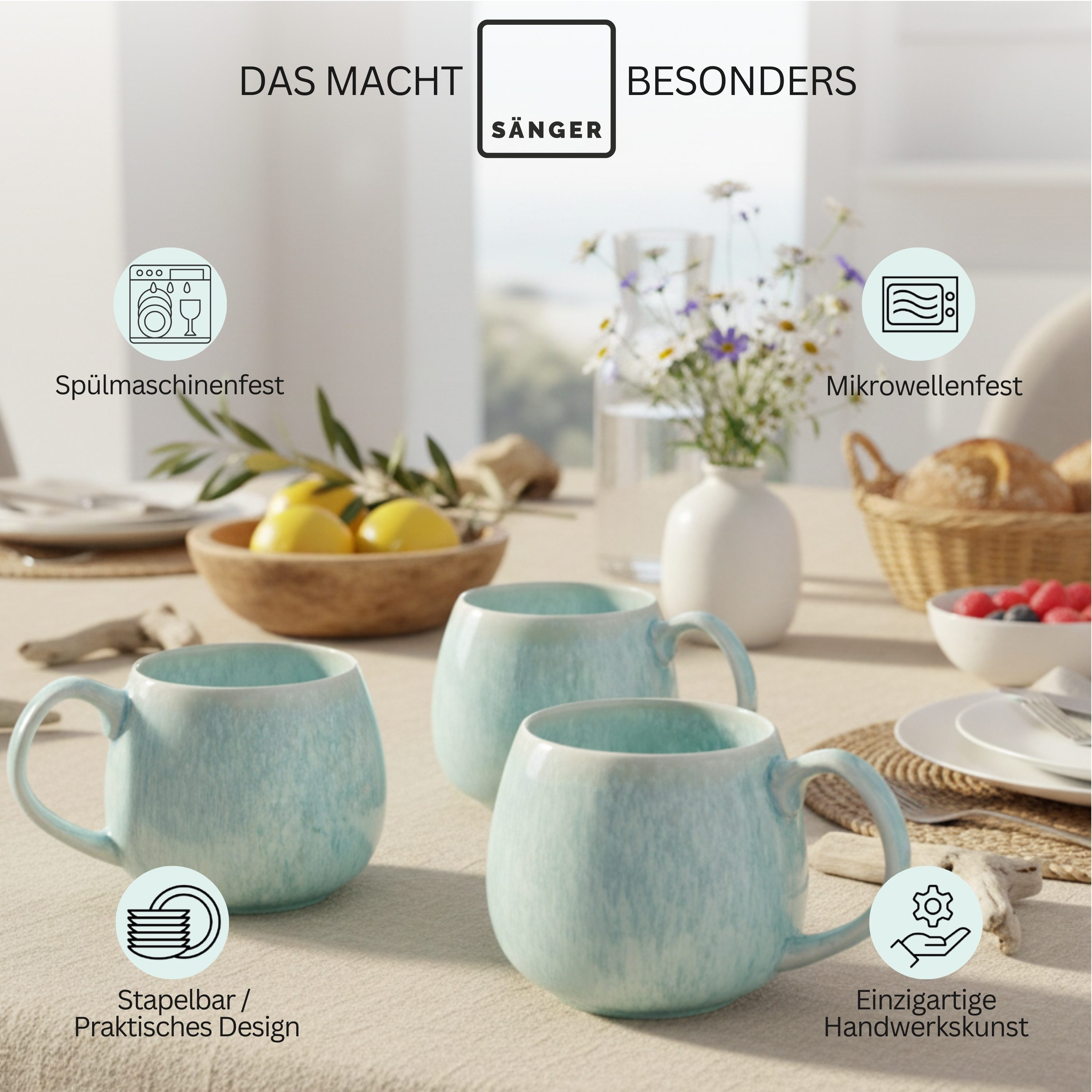 SÄNGER Tafelservice Paros (16-tlg), 4 Personen, Steingut, Blau Türkis, Handmade Premium Collection – Bild 5 von 5