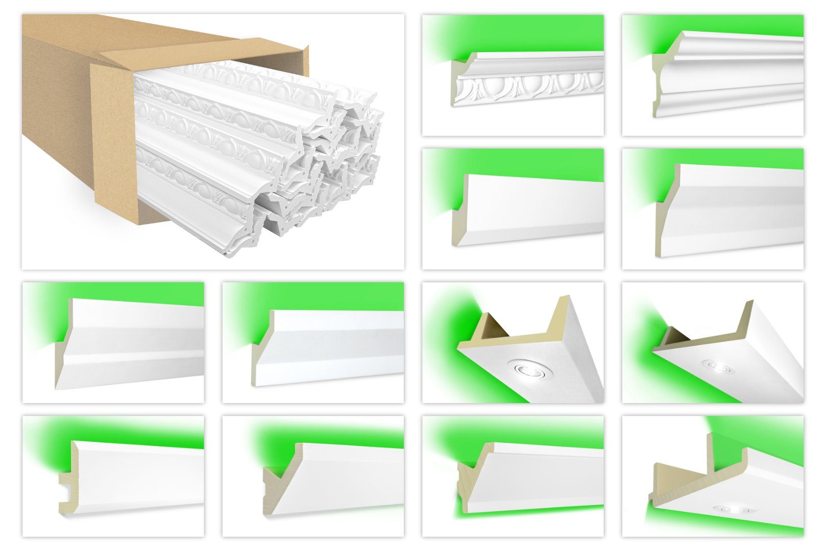 Hexim Eckprofil LED-19 (LED Stuckleisten - Indirekte Beleuchtung, Deckenleisten aus PU, leicht & lichtundurchlässig - 5 Stück / 10 Meter)