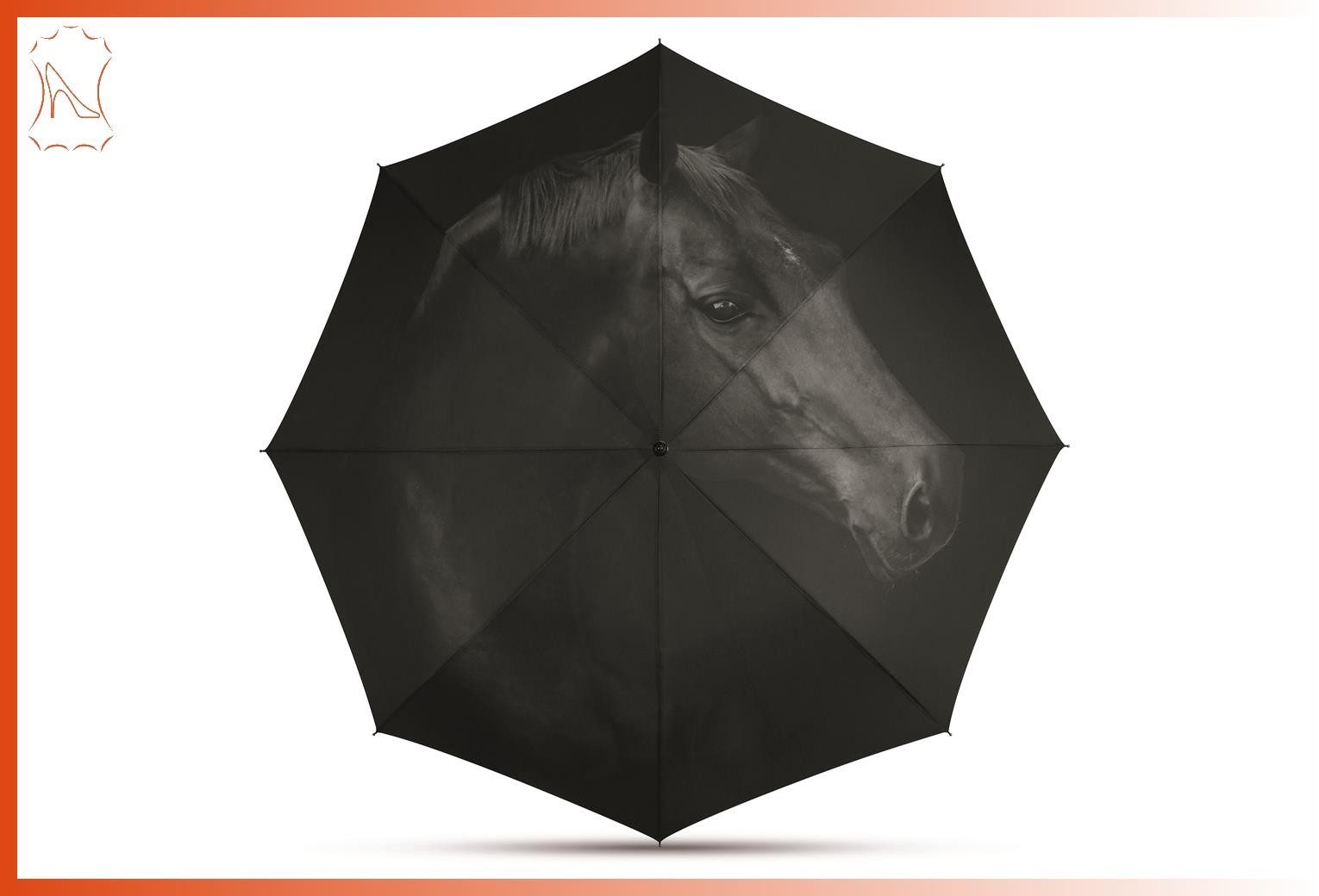 HAPPY RAIN Taschenregenschirm Taschenschirm schwarz mit Pferd Halbautomatik Mini AC