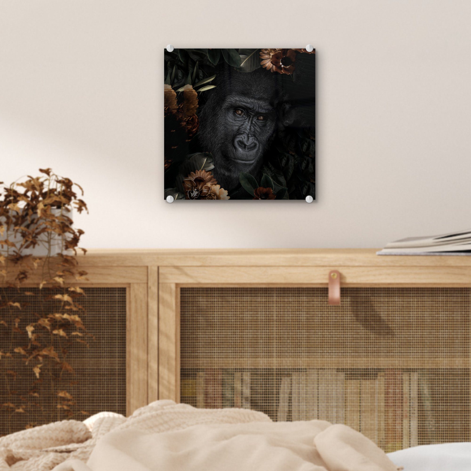 MuchoWow Acrylglasbild Affe - Tiere - auf Wandbild Schwarz, - Wanddekoration - - Glas (1 Bilder - Foto auf Glasbilder Glas St), Blumen