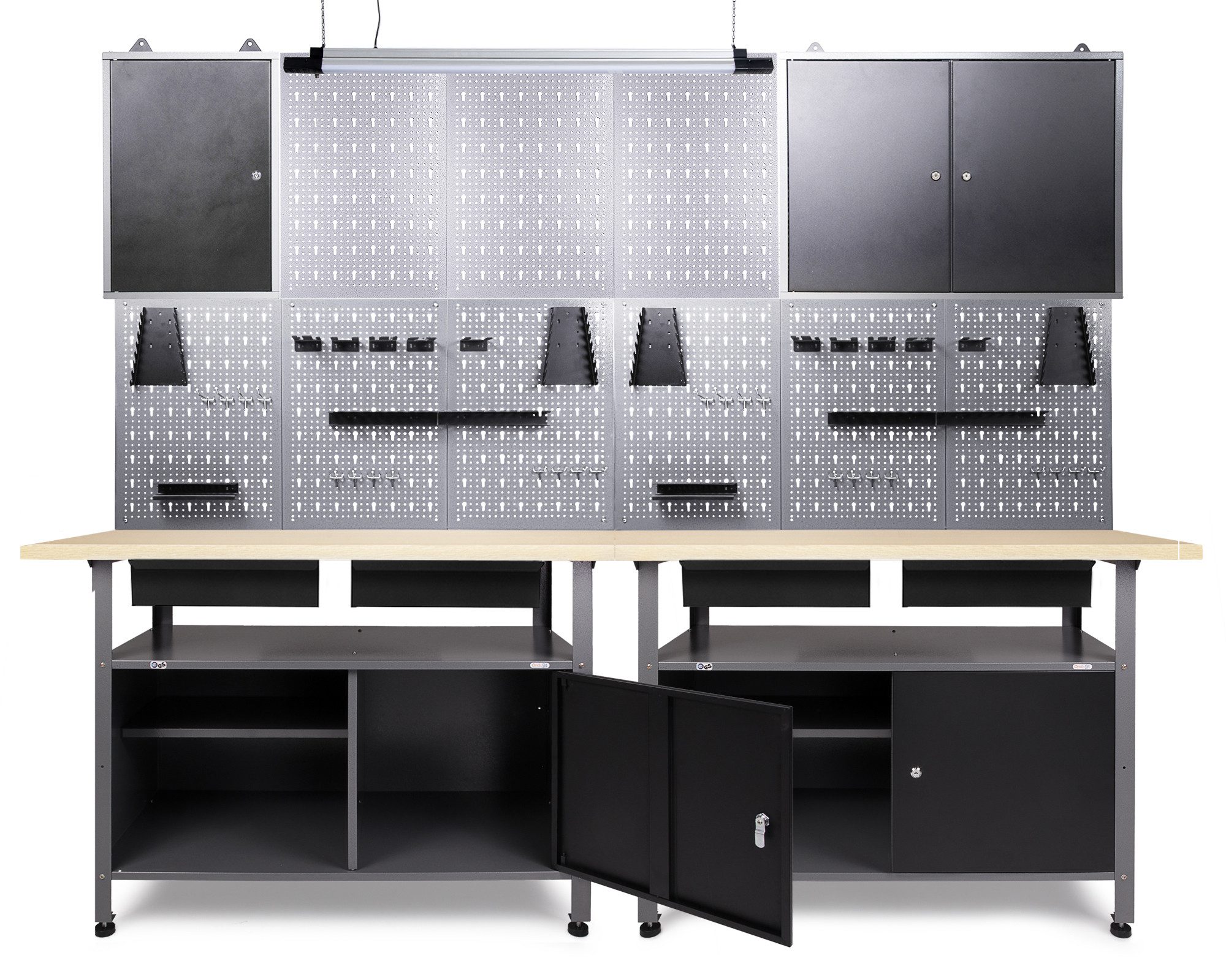 ONDIS24 Werkstatt-Set Werkstatteinrichtung Werkbank Fritz Hängeschrank Werkzeugwand Metall, 240x60x205 cm, abschließbare Türen & höhenverstellbare Justierfüßen