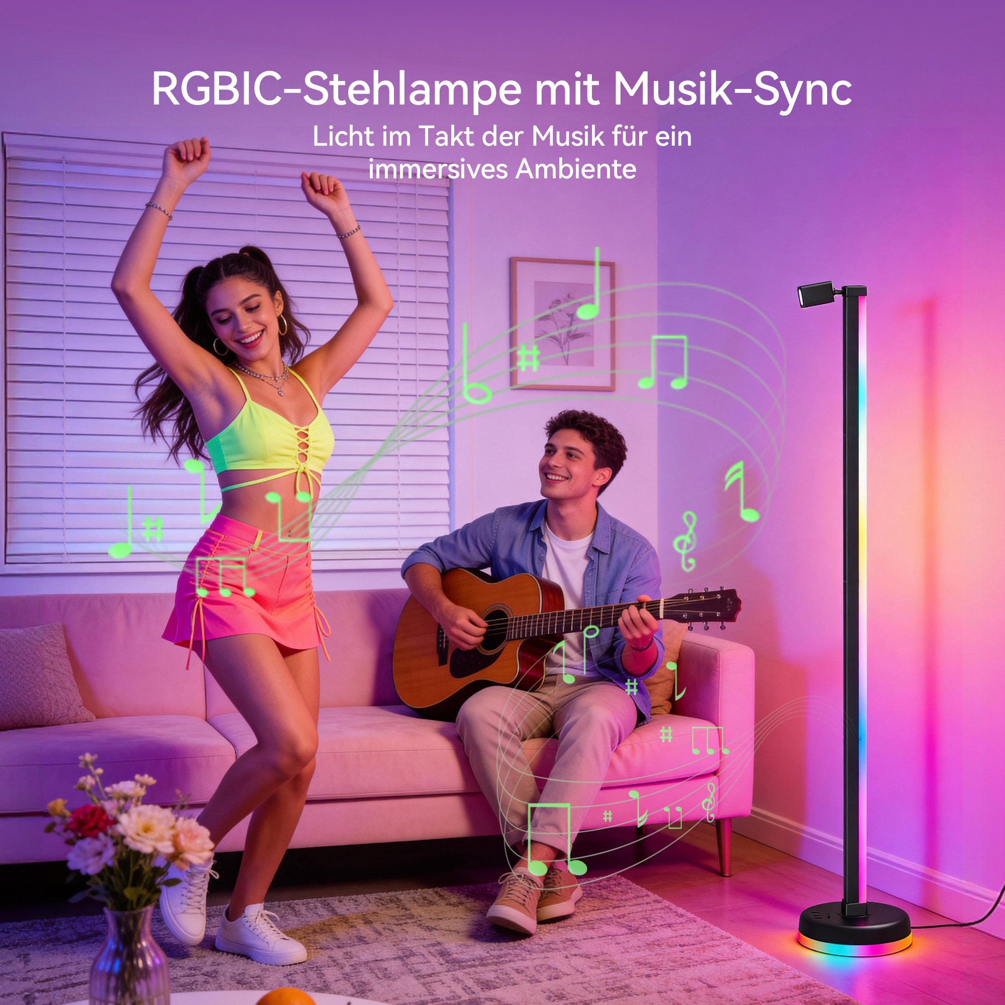 Mai & Mai LED Stehlampe LED Stehleuchte dimmbar mit Leselampe Wohnzimmer Schwarz Lineora-02, LED fest integriert, RGB + Warmweiß, Farbwechsel,16 Mio. Farben,Mus – Bild 4 von 5