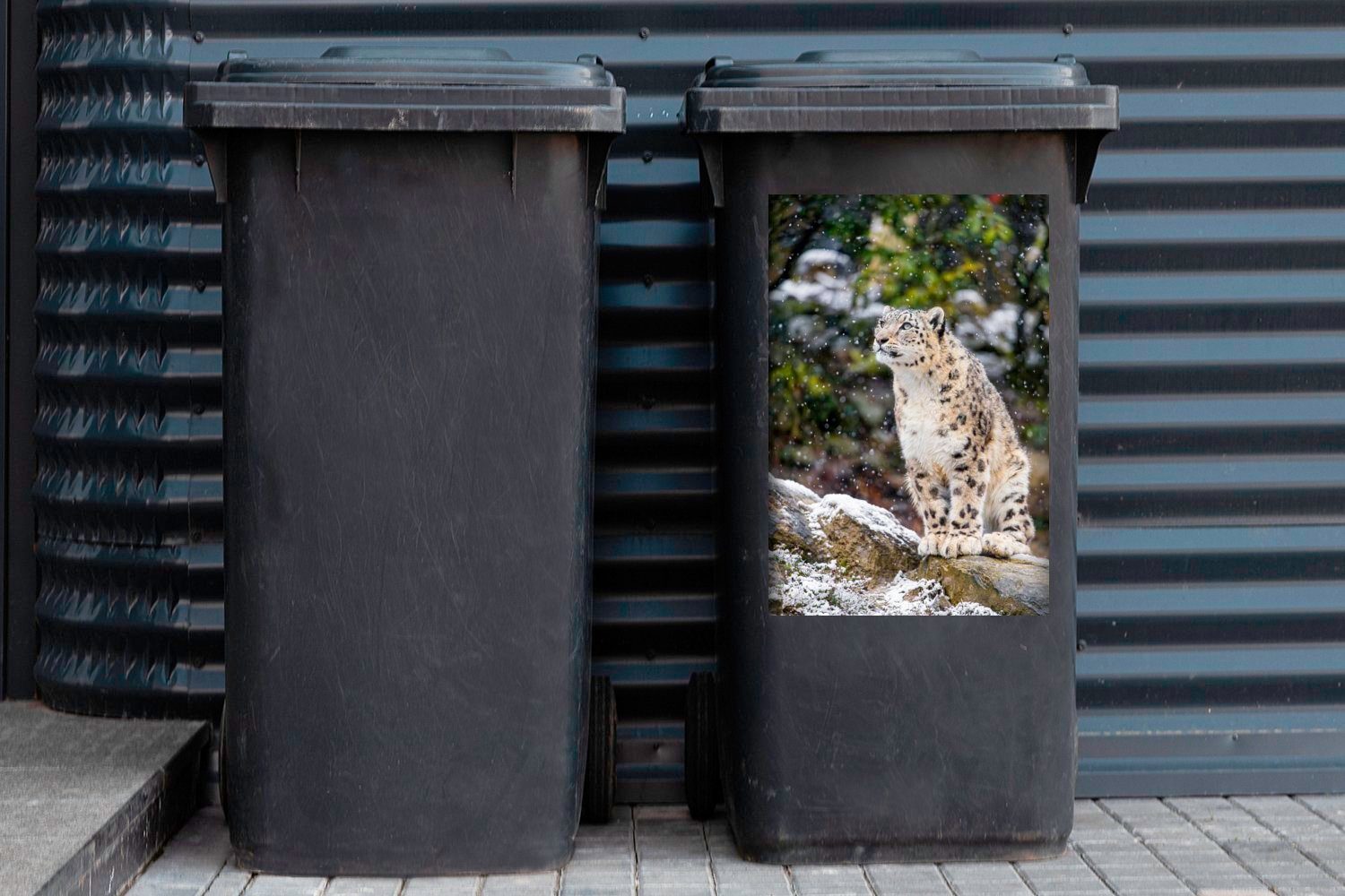 - Schneeflocke Wandsticker Container, St), Sticker, Abfalbehälter Mülltonne, Baumstamm Mülleimer-aufkleber, (1 - MuchoWow Leopard - Winter