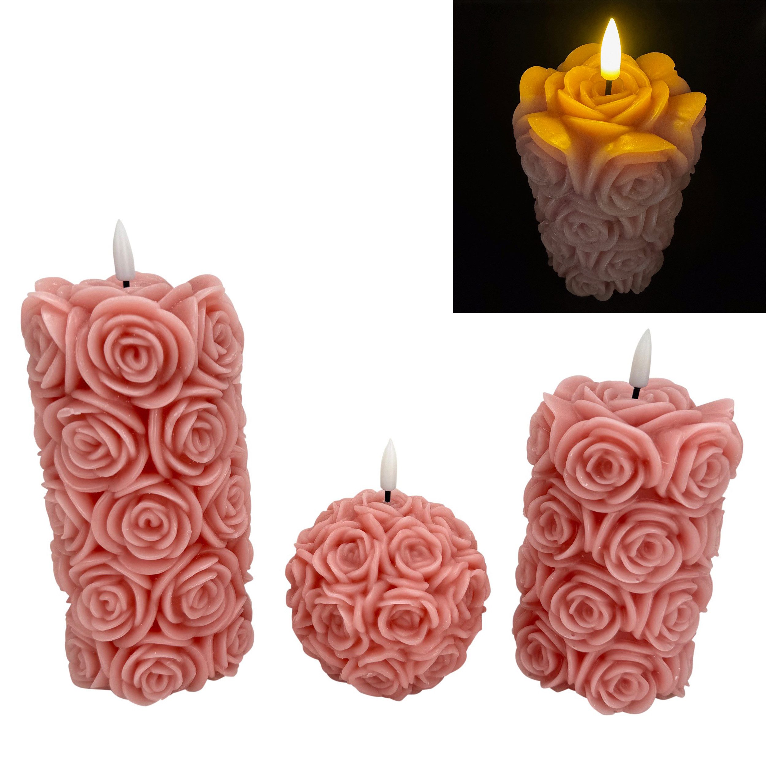 Online-Fuchs LED-Kerze 3 LED Kerzen im Set aus Echtwachs mit 6-Stunden Timer (realistische Flamme, in Creme und Altrosa), filigrane Rosenblüten in 3D-Optik