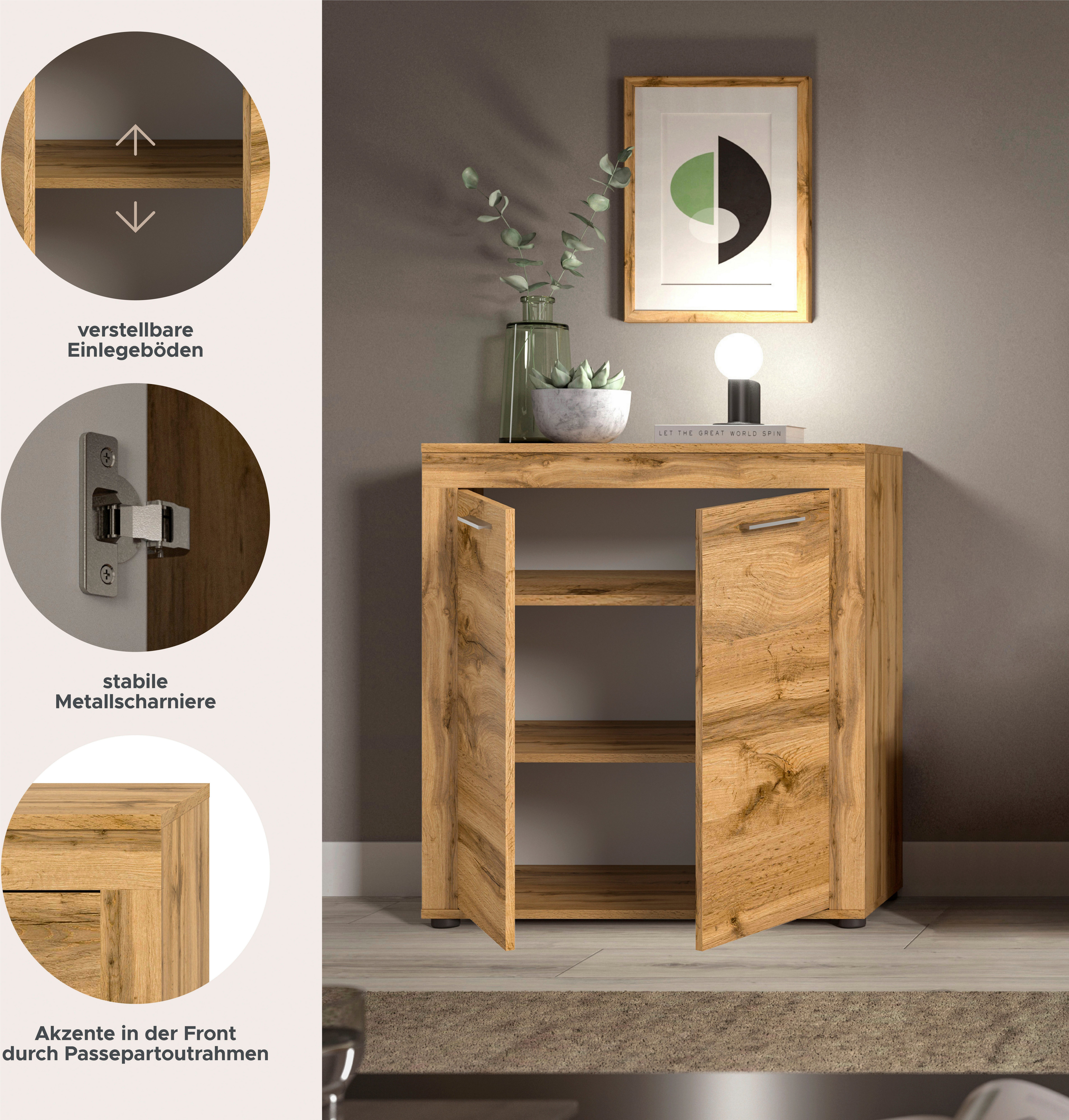 Home affaire Highboard AOSTA, TOPSELLER!, Höhe 88 cm, 2 Türen, 3 Fächer, 2 Einlegeböden (in verschiedenen Farbausführungen, individuell kombinierbar), Kommode, Schrank, Anrichte, Standschrank, Sideboard, Wohnzimmer