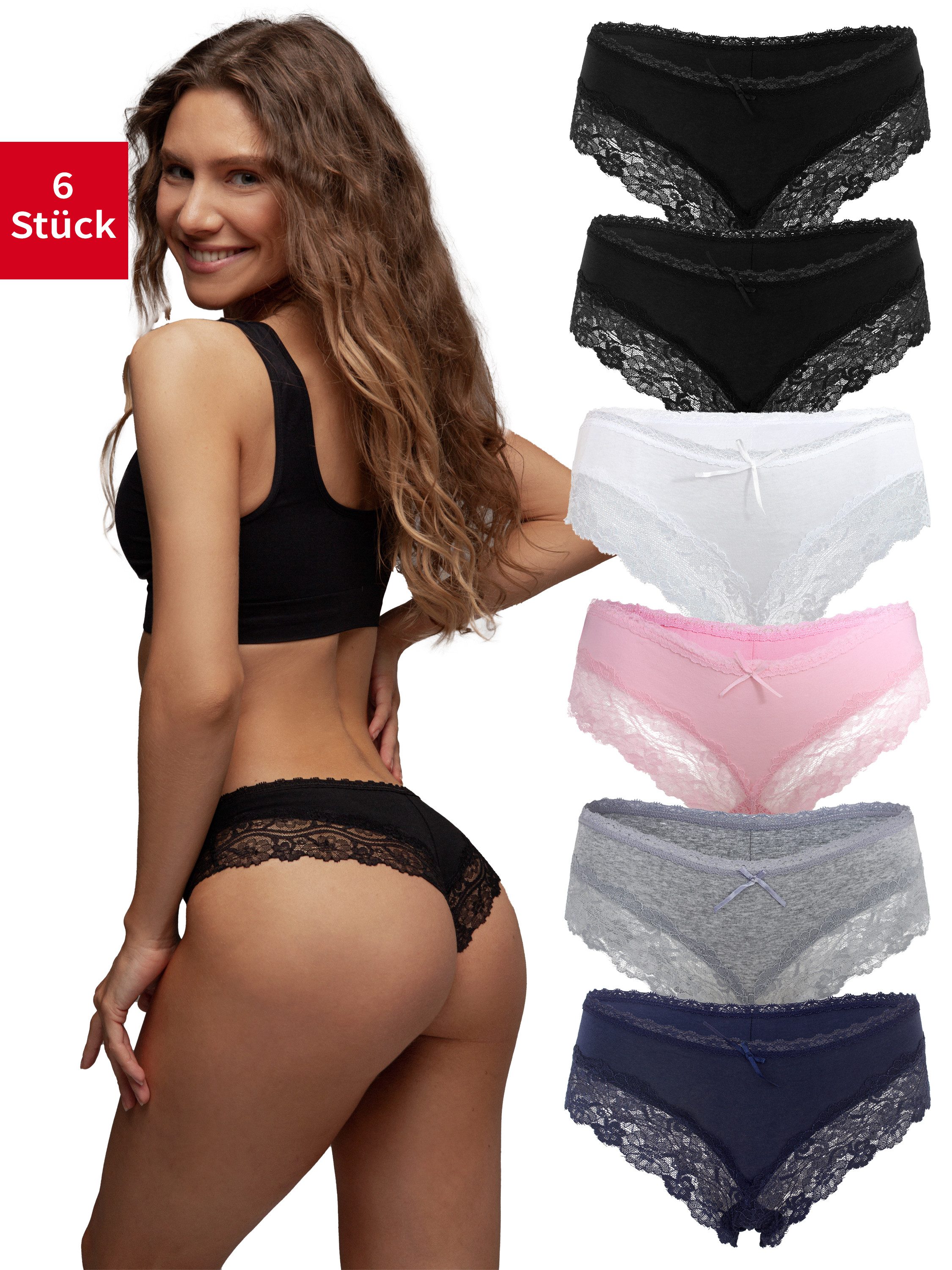 Fabio Farini Slip Damen Unterhosen - Frauen Brasilslip aus Baumwolle (Packung, 6-St) mit floraler Spitze am Beinabschluss