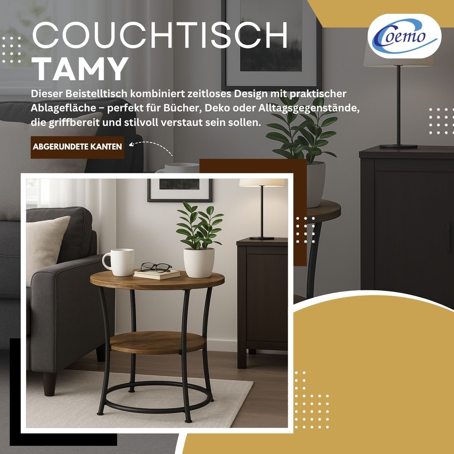 Coemo Wohnzimmertisch TAMY, Braun Vintage Couchtisch Metall mit zwei Ebenen günstig online kaufen