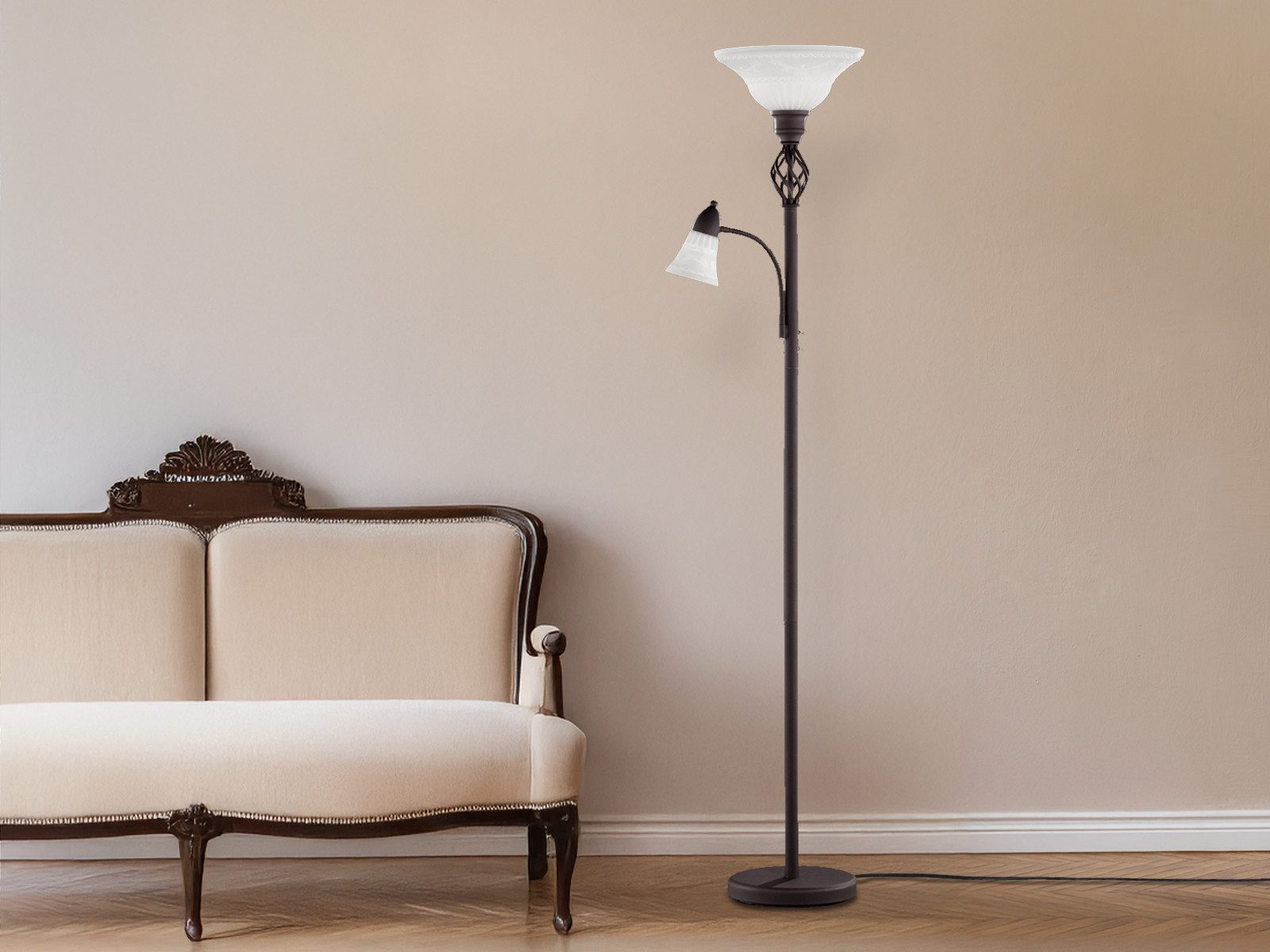 TRIO Leuchten LED Deckenfluter, Dimmfunktion, LED wechselbar, Warmweiß, Stehlampe Landhaus-stil mit Leselampe Glas Lampenschirm, Höhe 180cm