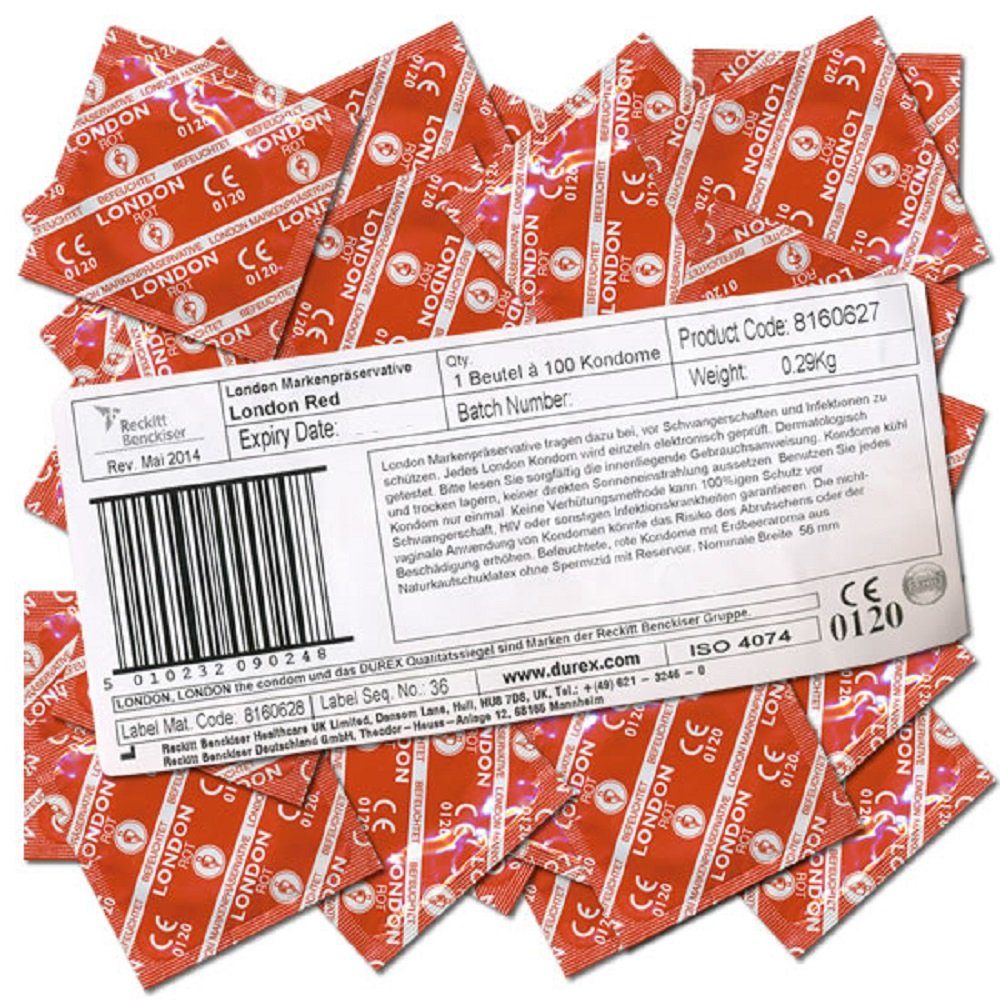 London Kondome Red Beutel mit, 100 St., rote Markenkondome mit Erdbeeraroma