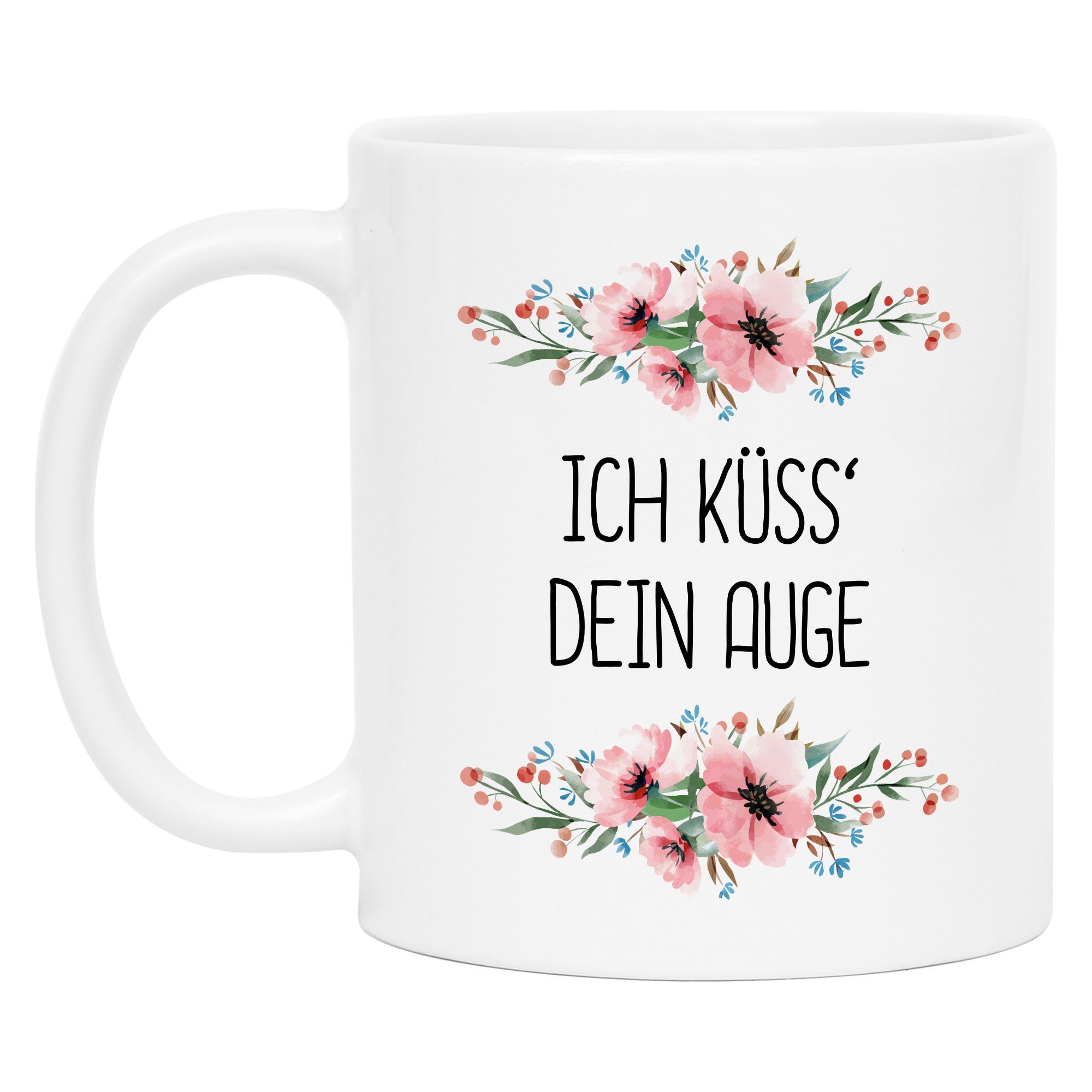 Hey!Print Tasse Tasse Schwarz mit Spruch Küsse dein Auge lustig sarkastisch humorvoll Kaffeetasse mit Blumen Motiv Geschenk, Keramik Weiß