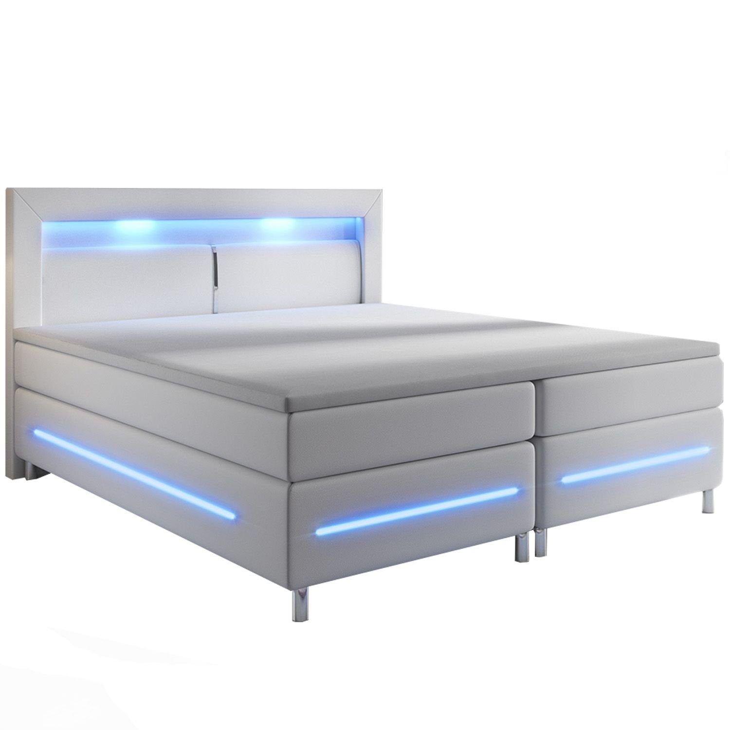 Juskys Boxspringbett Norfolk, 140 x 200 cm, Bett mit Federkernmatratze, Topper, Kopfteil und LED-Beleuchtung