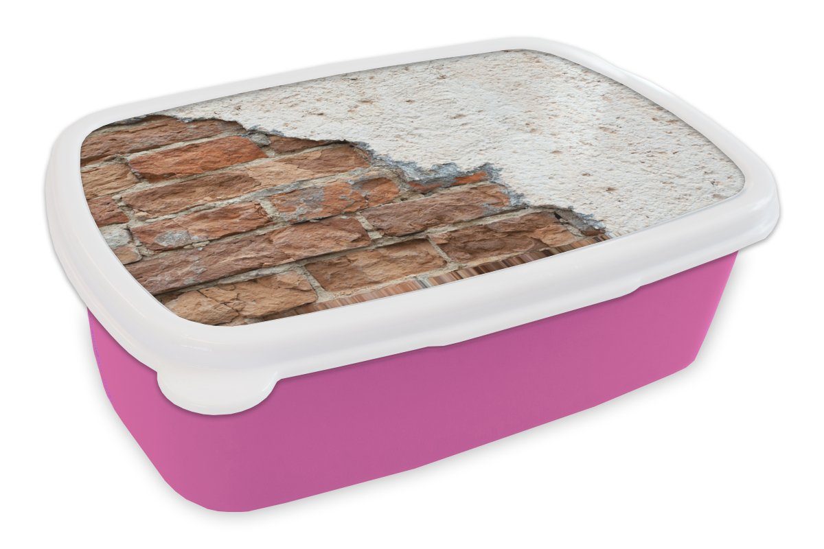 MuchoWow Lunchbox Ziegel - Gips - Wand, Kunststoff, (2-tlg), Brotbox für Erwachsene, Brotdose Kinder, Snackbox, Mädchen, Kunststoff rosa