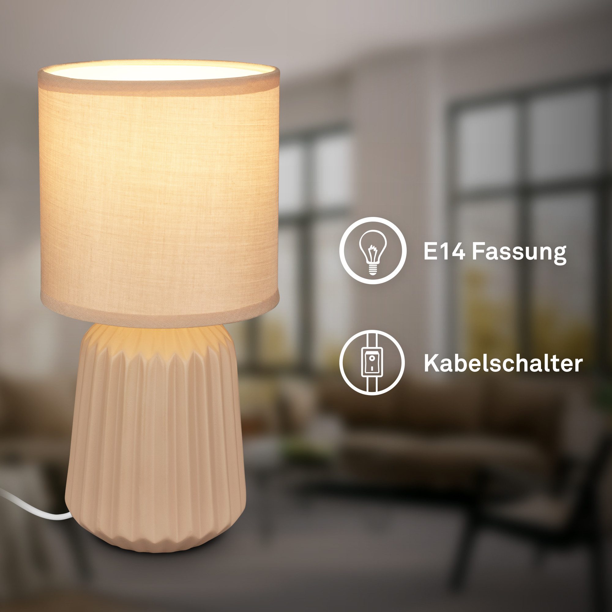 Briloner Leuchten LED Tischleuchte Tischlampe Keramik E14 Stoffschirm Kabelschalter Kommodenlampe, ohne Leuchtmittel, Abhängig vom Leuchtmittel, 13x27 cm, Schlafzimmer, Wohnzimmer, Flur