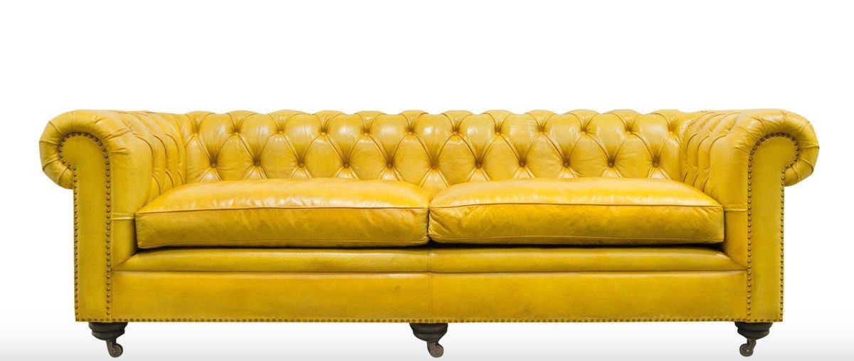Casa Padrino Chesterfield-Sofa Luxus Chesterfield 2er Sofa Gelb 242 x 100 x H. 71 cm - Luxus Leder Möbel