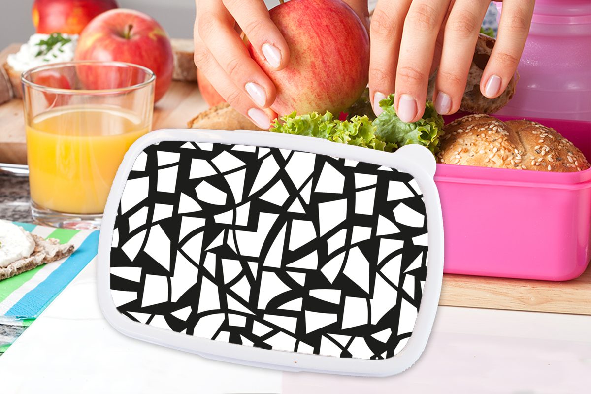 Brotbox Geometrisch Kinder, für Mädchen, rosa Muster (2-tlg), Brotdose Lunchbox Schwarz, - Weiß - - Snackbox, Erwachsene, Kunststoff, MuchoWow Kunststoff