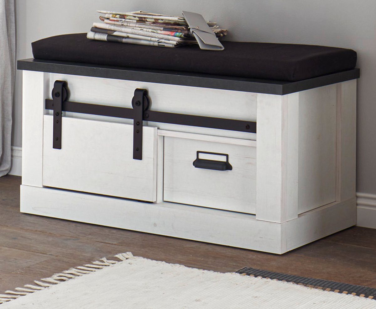 Furn.Design Schuhbank Stove (Garderobenbank in Pinie Weiß Landhaus, 93 x 46 cm), mit Schiebetür und Soft-Close-Funktion