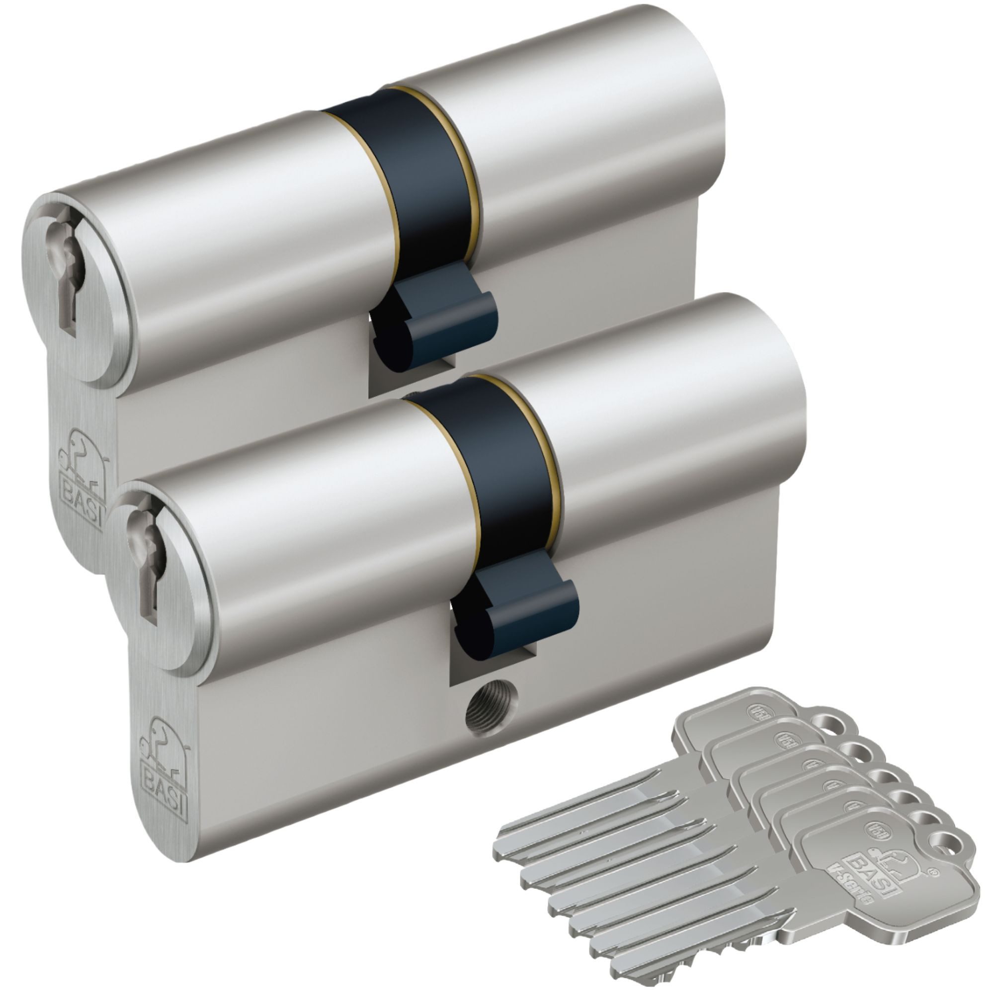 BASI Profilzylinder 2er SET V50, Gleichschließend, diverse Längen, (Spar-Set, 2-St), 2 x Kurzzylinder 27/27 mm, 5 Stiftzuhaltungen, inkl. 6 Schlüssel