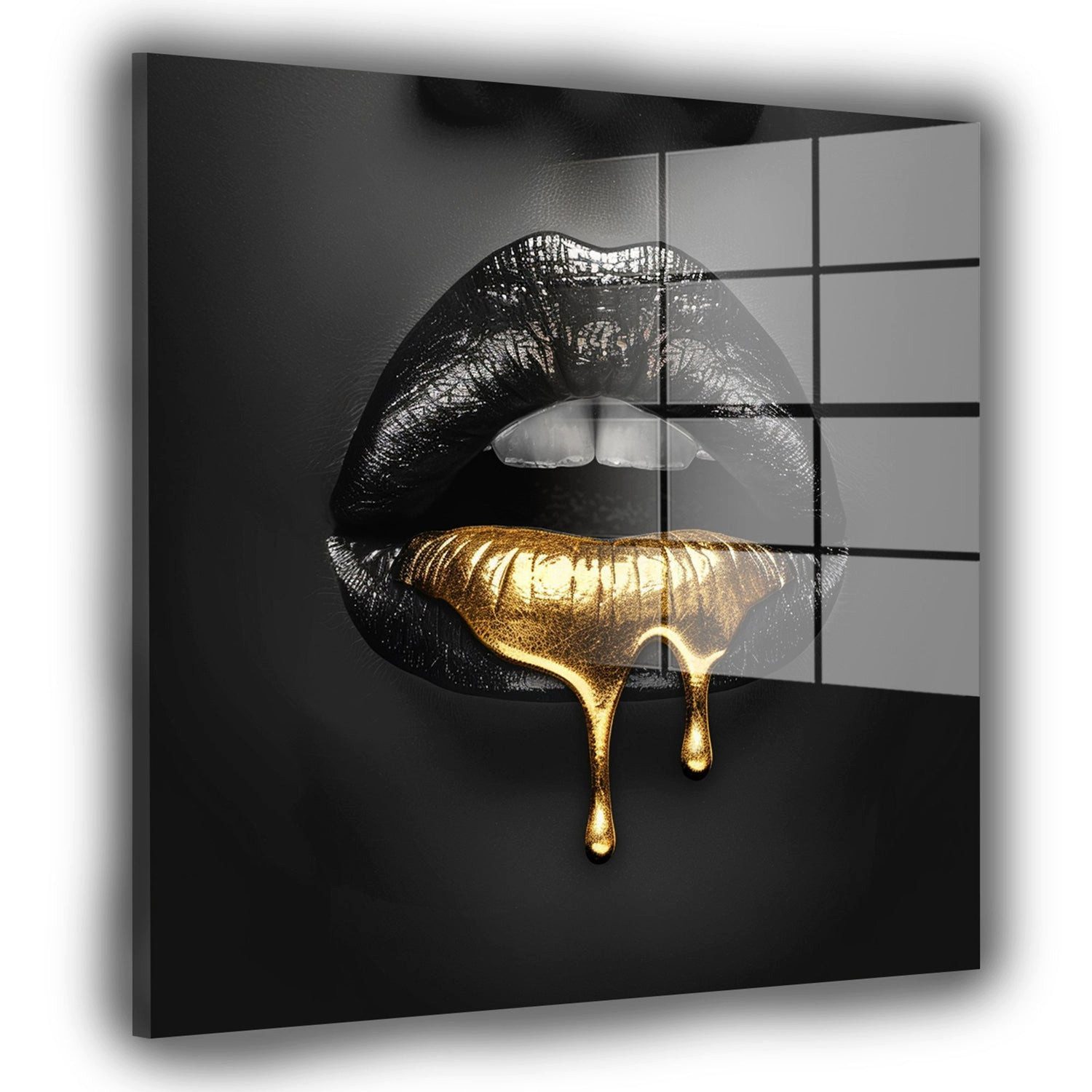 Artedinoi Acrylglasbild Schwarze Lippen mit Goldtropfen Acrylglas Wandbild Bild Wanddeko XL