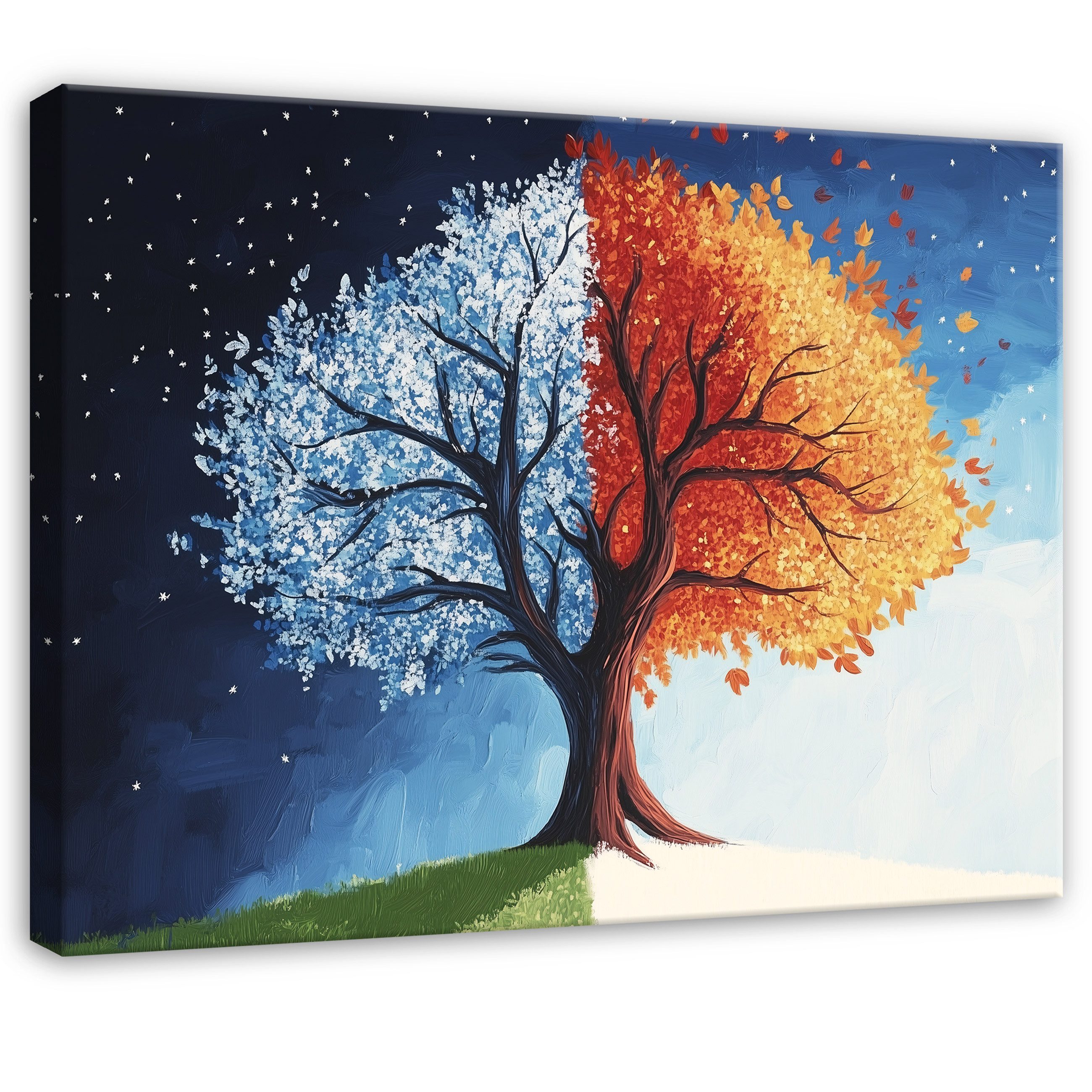 Wallarena Leinwandbild Baum Blau Herbst Orange Wandbilder Wand Deko XXL Bilder, Baum (groß Bilder Wohnzimmer Schlafzimmer Einteilig, 1 St), Bilder Klein Wohnzimmer Schlafzimmer Küche Wandbild Wand Deko 40x30
