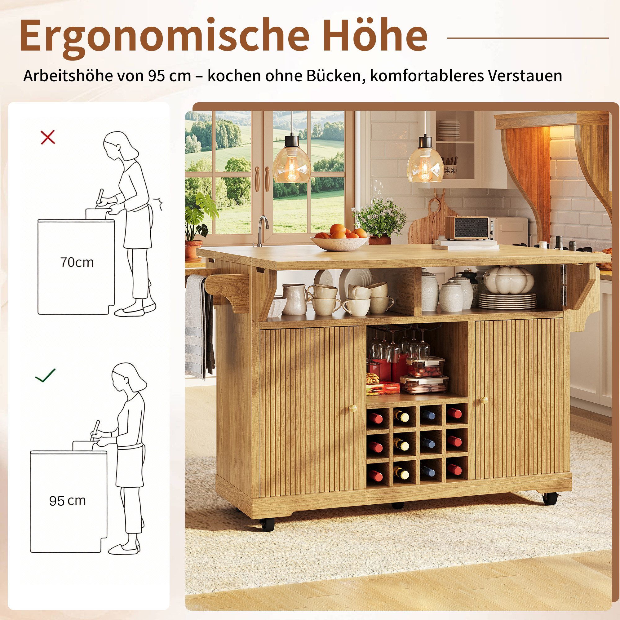i@home Kücheninsel Küchenwagen freistehend mit ausklappbaren Arbeitsplatten, (Servierwagen auf Rollen, Weinflaschenhalter), beidseitig erweiterbar, mobiler Bartisch für Esszimmer